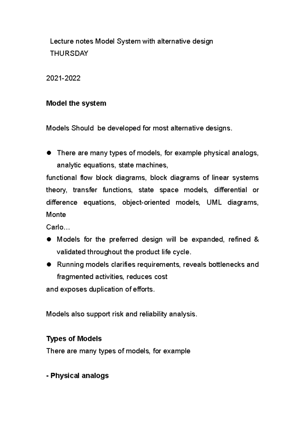 Lecture notes Model System with alternative design - Lecture notes ...