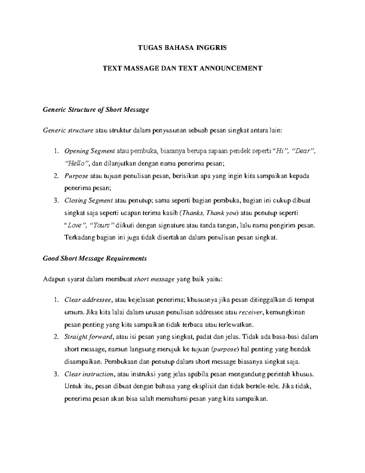 Tugasbahasainggris TUGAS BAHASA INGGRIS TEXT MASSAGE DAN TEXT ANNOUNCEMENT Generic Structure