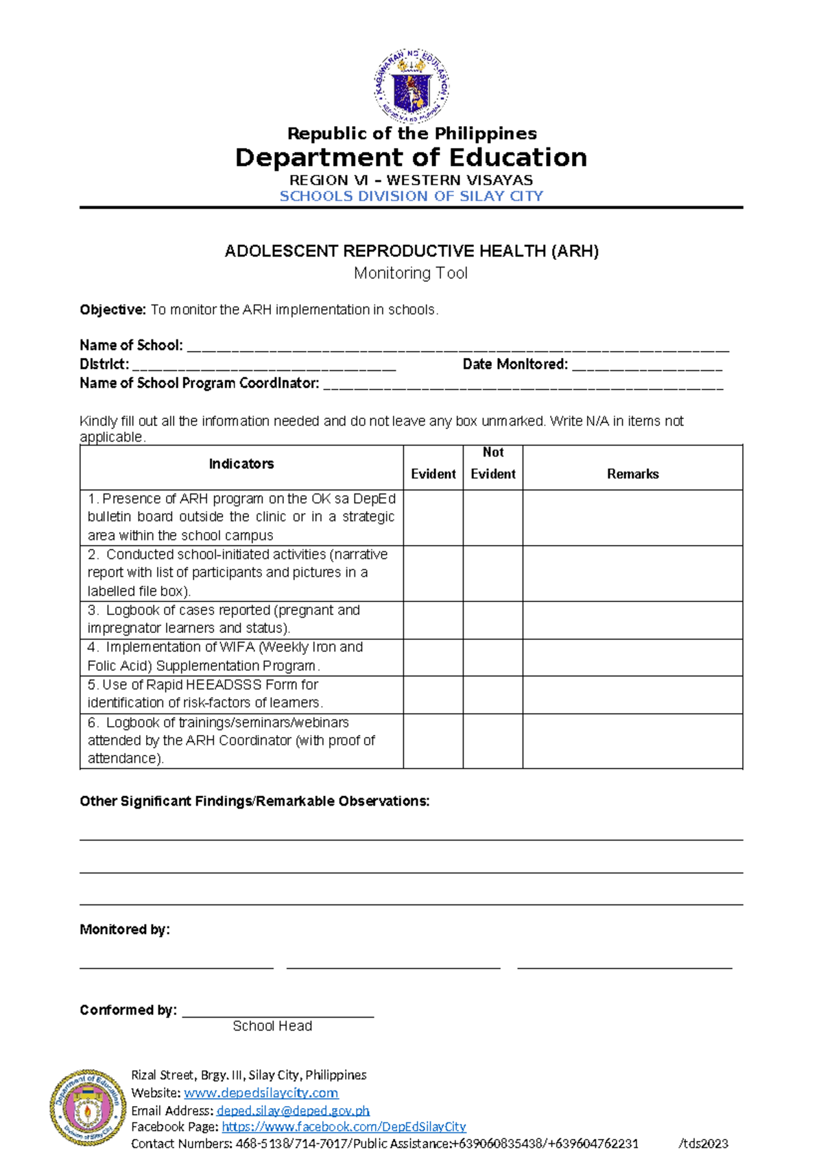 ARH Monitoring TOOL 2023 - Rizal Street, Brgy. III, Silay City ...