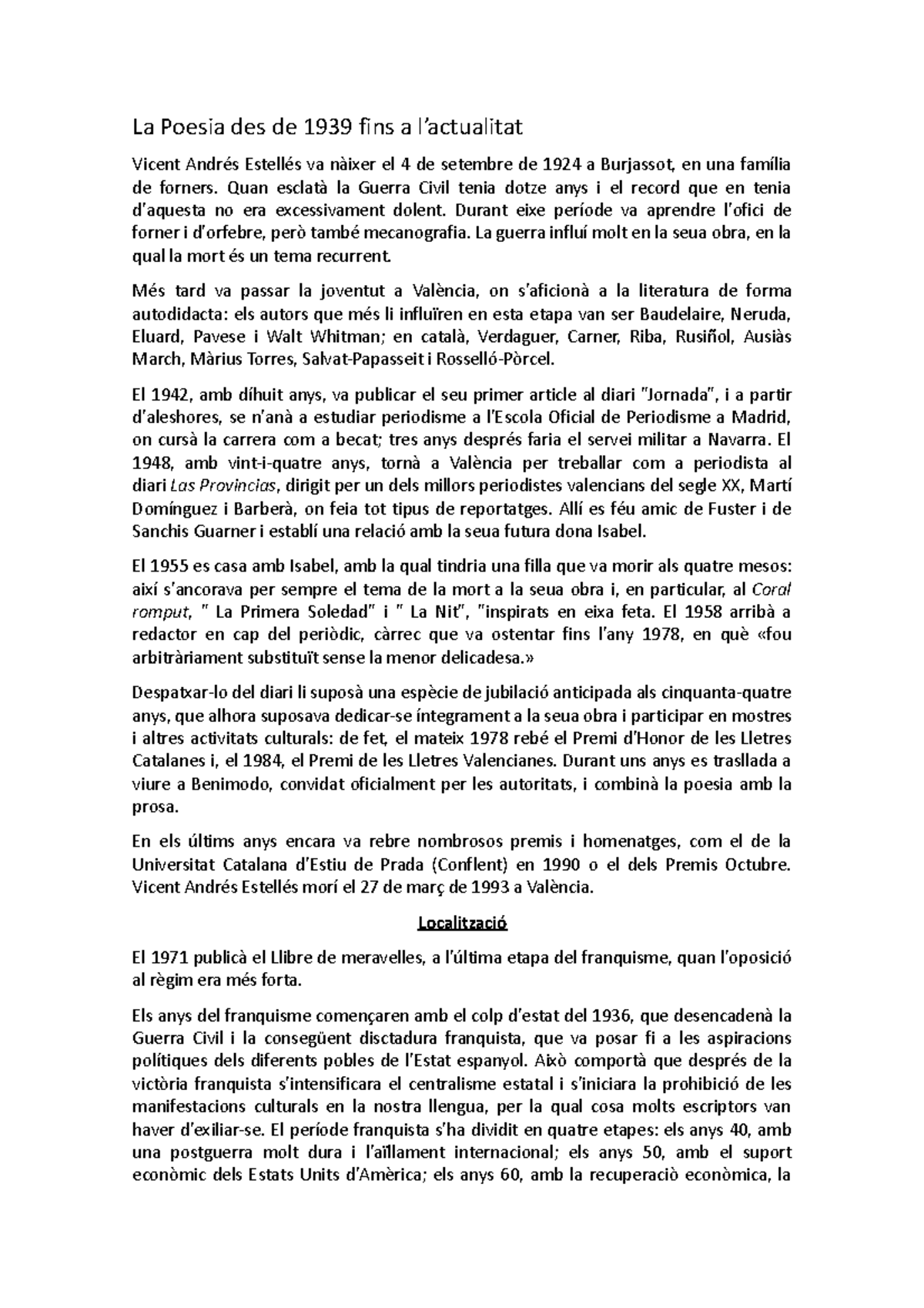 10 Poemes d Estellés La Poesia des de 1939 fins a l’actualitat Vicent