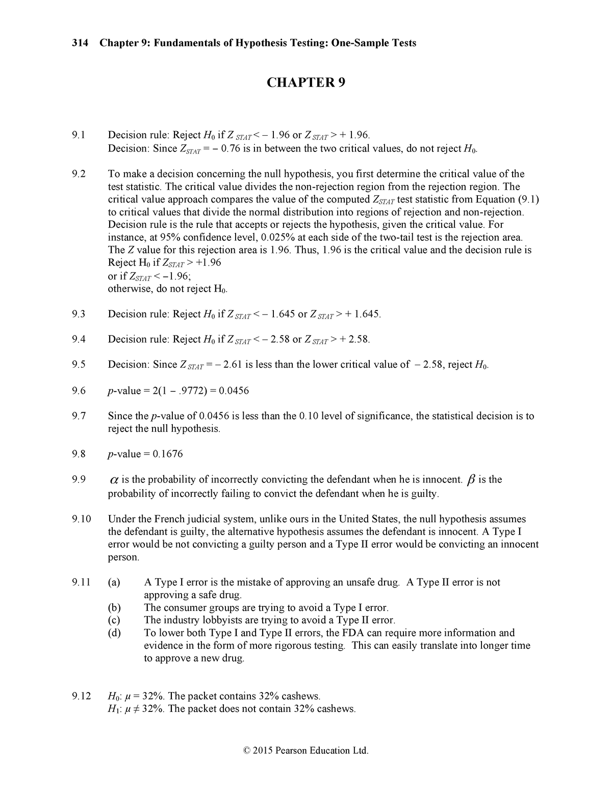 Answer Ch - Abcrh - 314 Chapter 9: Fundamentals Of Hypothesis Testing ...