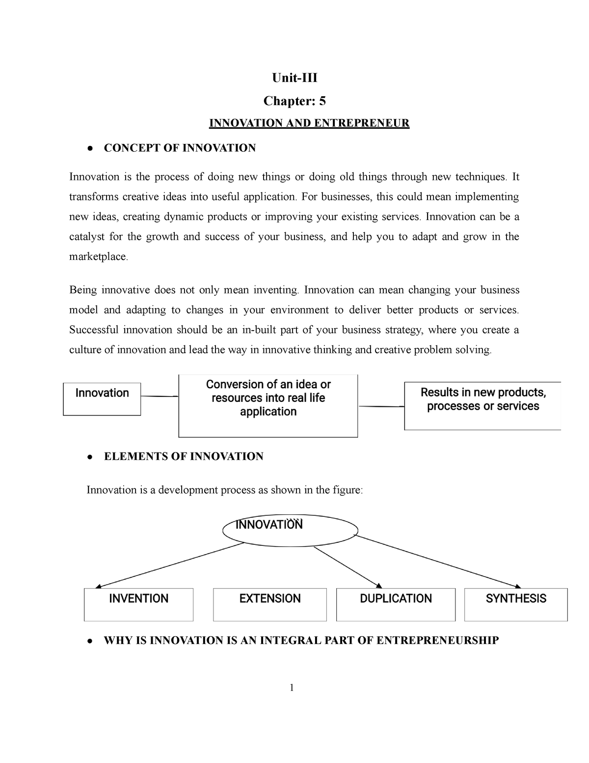 Innovation AND Entrepreneur - 1 Unit-III Chapter: 5 INNOVATION AND ...