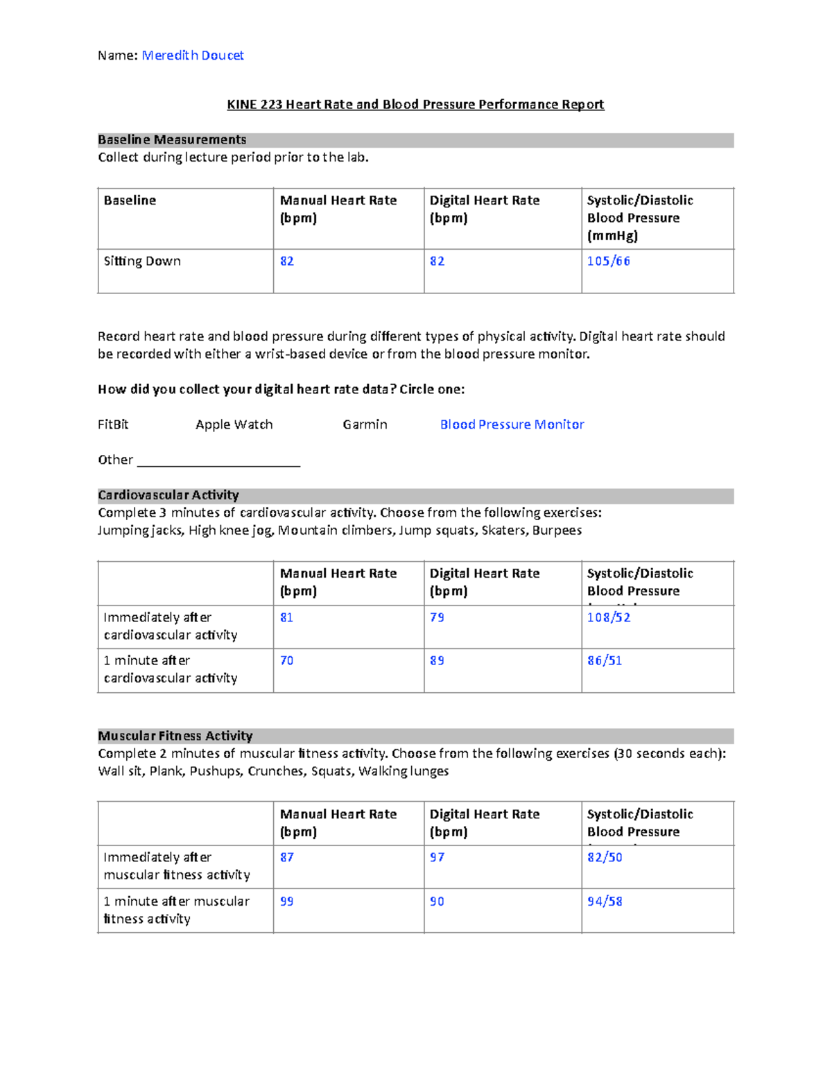 Heart Rate and Blood Pressure Lab - Name: Meredith Doucet KINE 223 ...