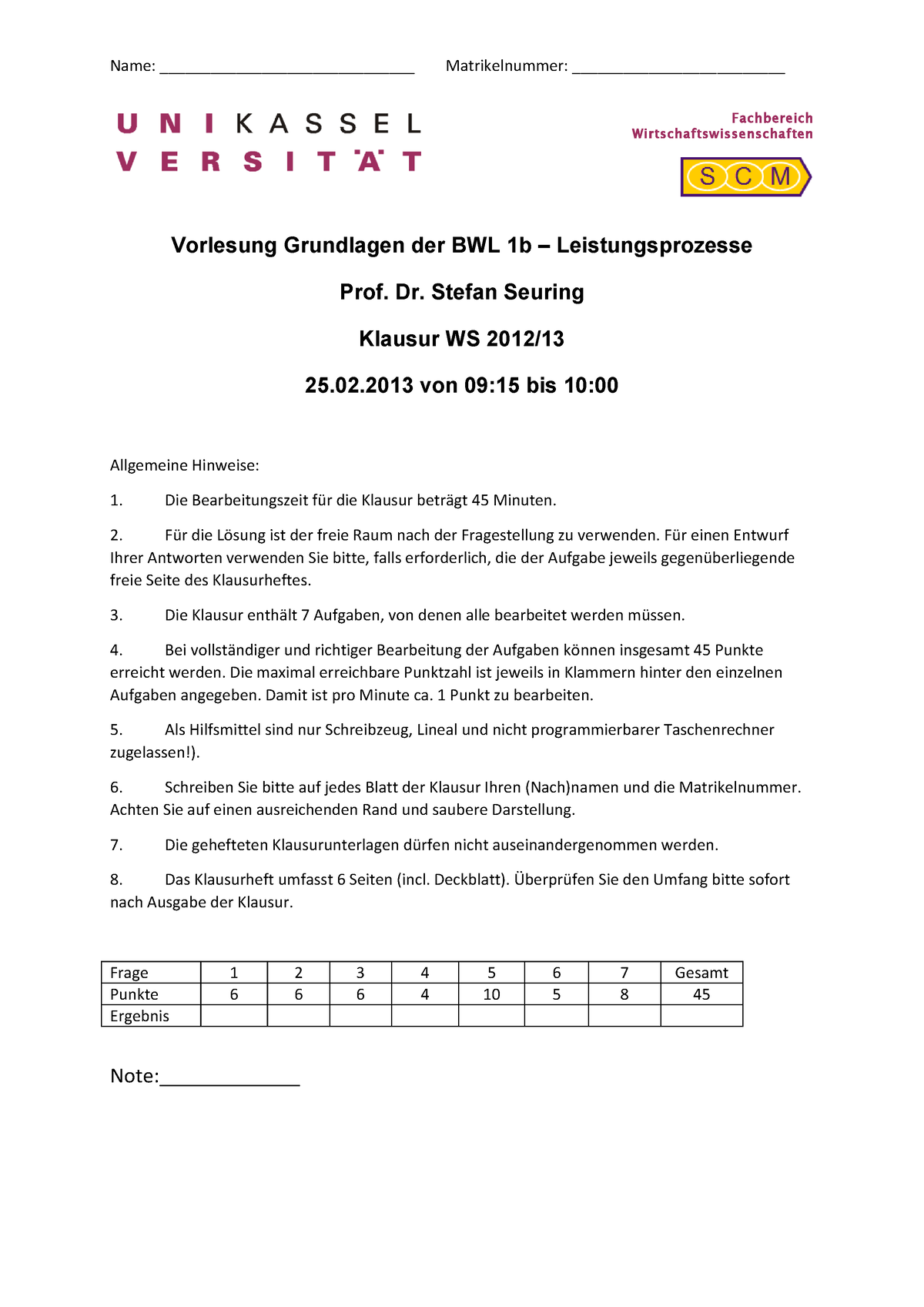 WS 12 13 Klausur BWL-1b - Fachbereich Wirtschaftswissenschaften ...