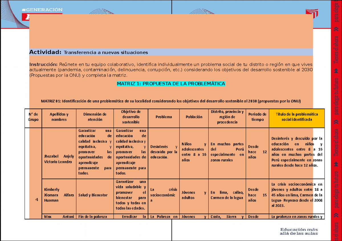 Matriz 01 Propuesta de Problemática - Actividad: Transferencia a nuevas ...