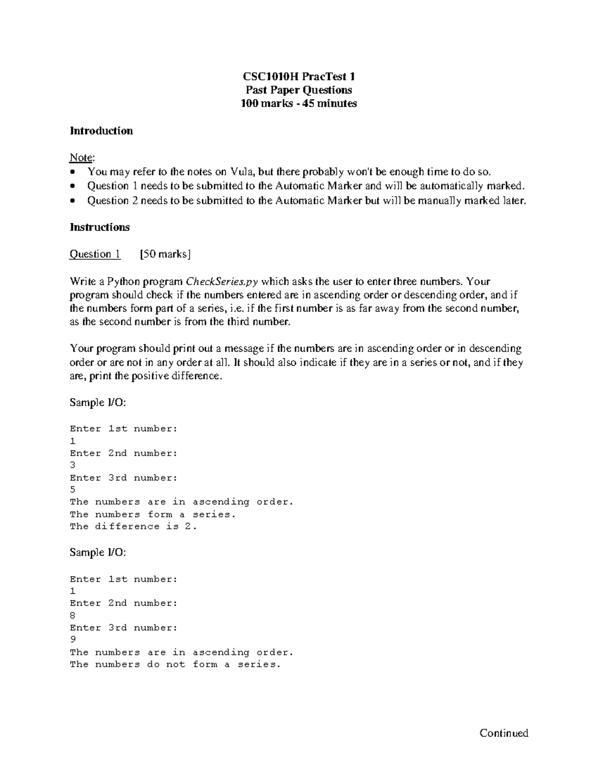 CSC1010H Prac Test 1 Past Paper Questions 2022 - Continued CSC1010H ...