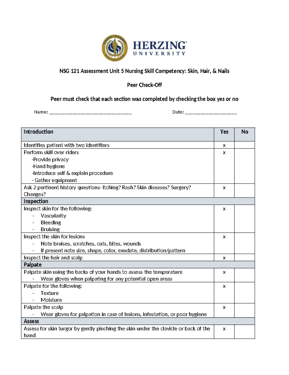 Unit 5 PEER Skin Hair & Nails - NSG 121 Assessment Unit 5 Nursing Skill ...