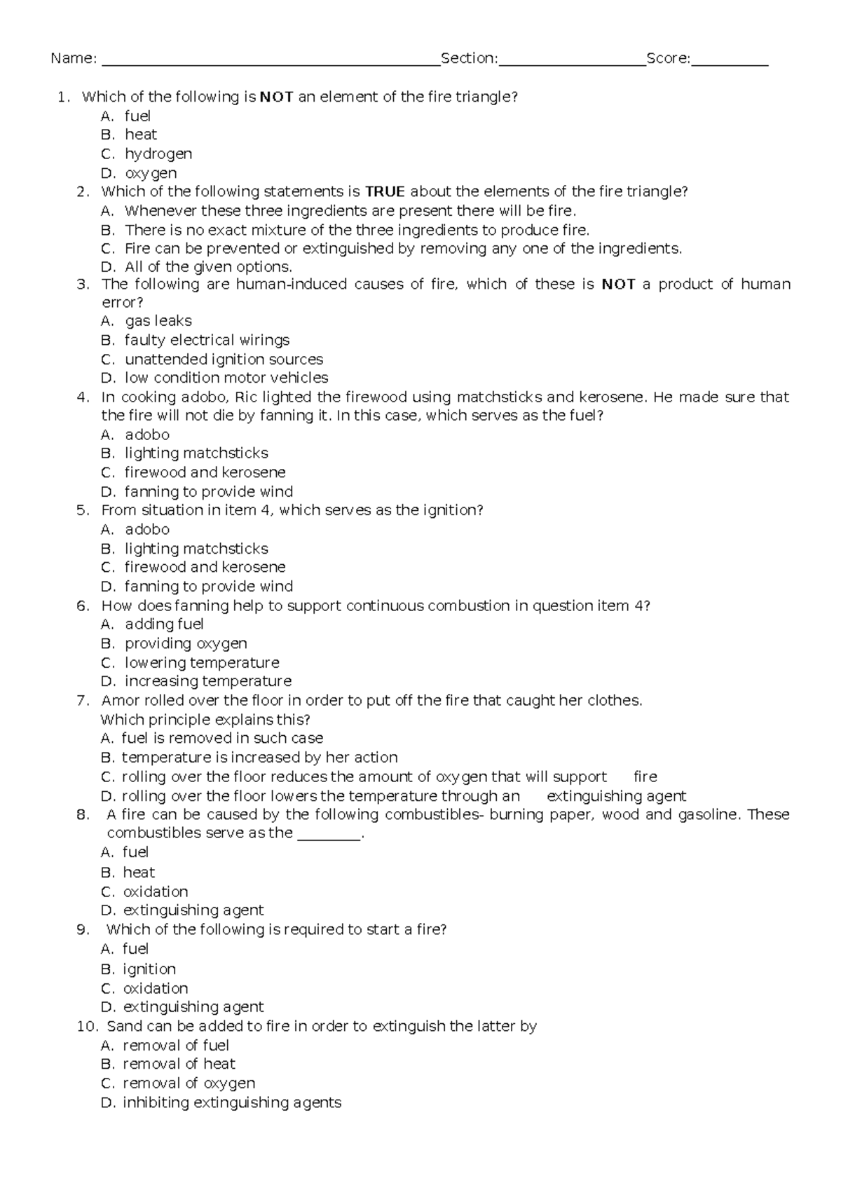 Drrr fire quiz fire safety Name Studocu