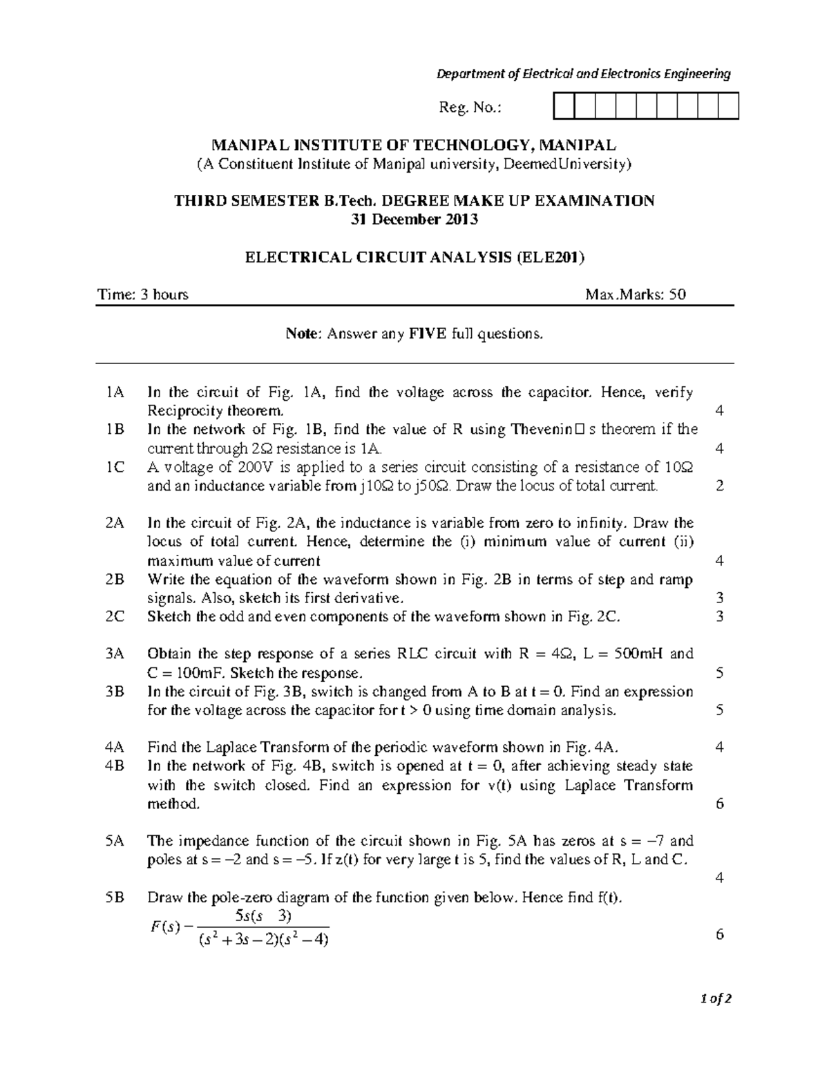 Electrical Circuit Analysis (ELE 201) (Makeup) - Department of ...