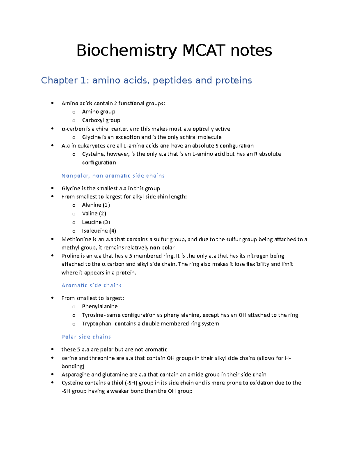 Biochemistry notes Mcat Biochemistry MCAT notes Chapter 1 amino
