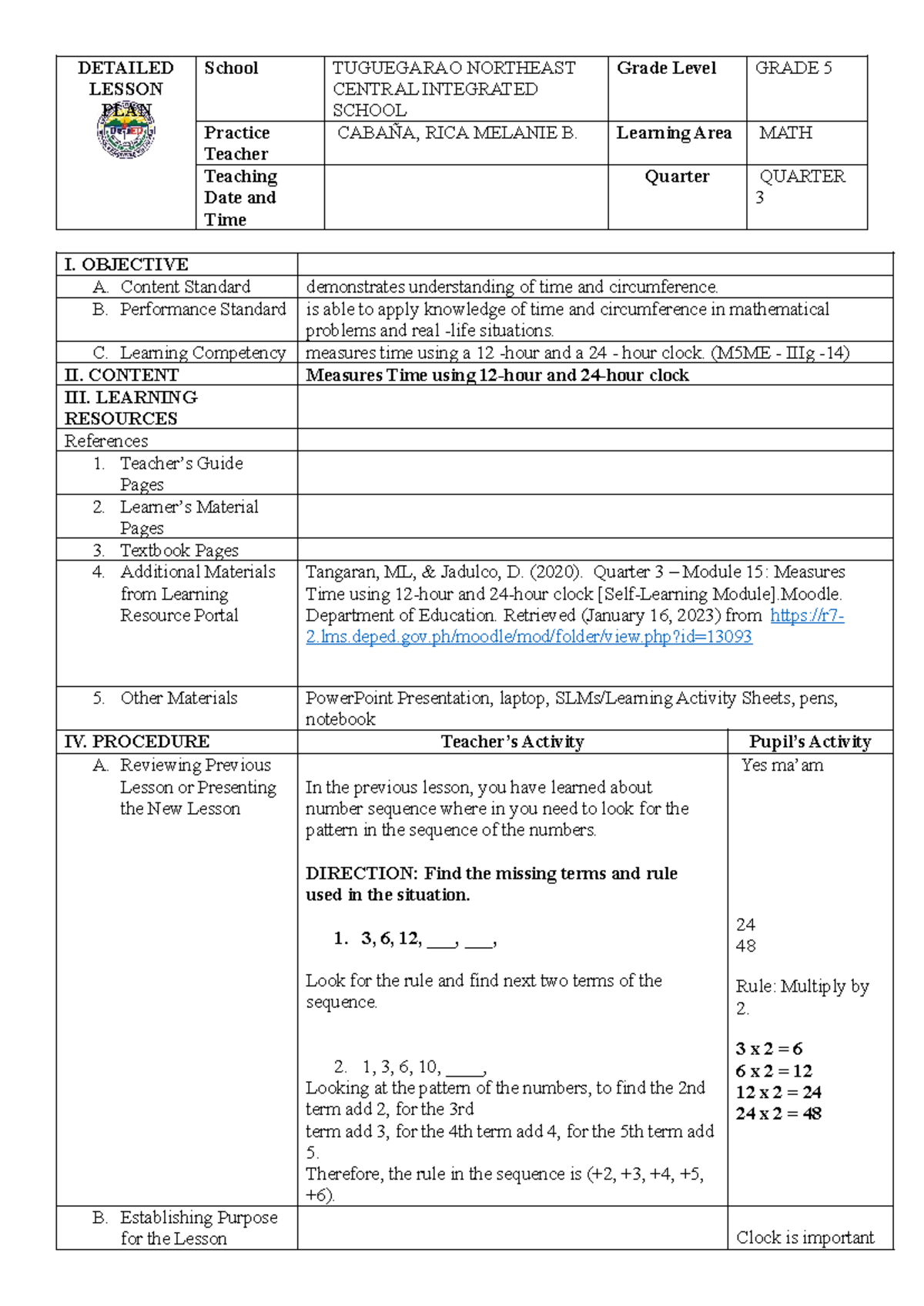 Detailed lesson plan grade 5 math - DETAILED LESSON PLAN School ...