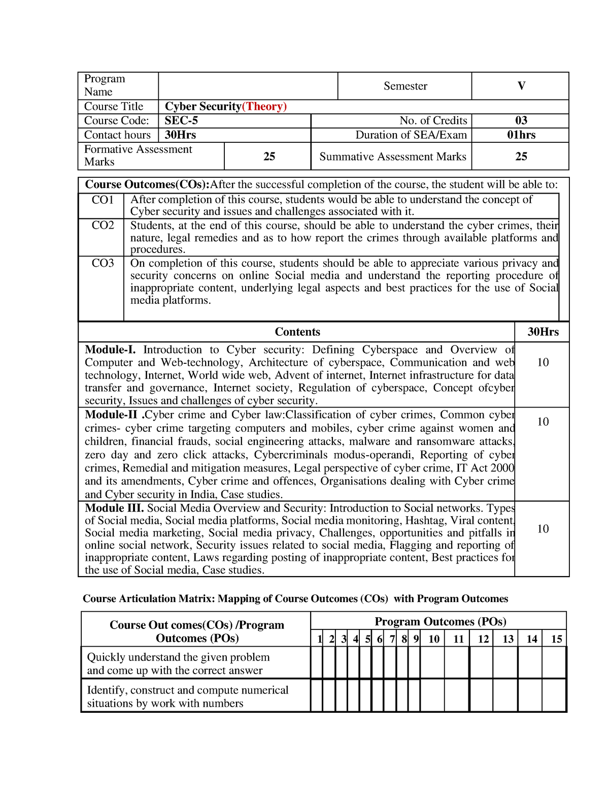 Cyber Security Syllabusrevised - Program Name Semester V Course Title ...