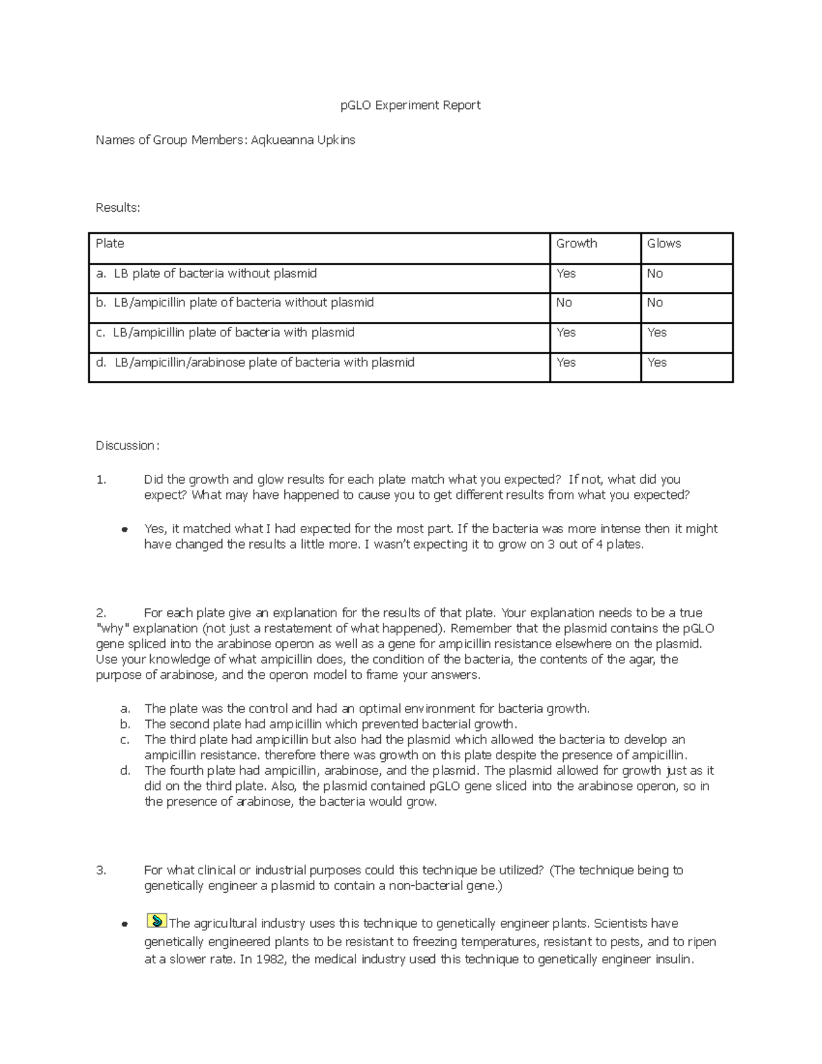 pglo experiment report