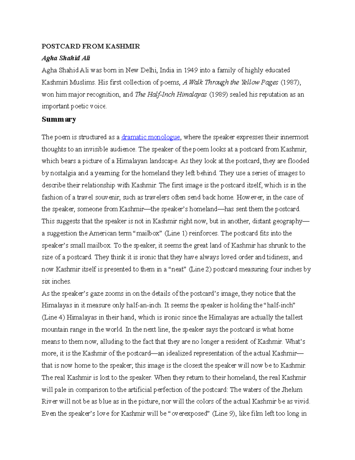 Postcard FROM Kashmir POSTCARD FROM KASHMIR Agha Shahid Ali Agha