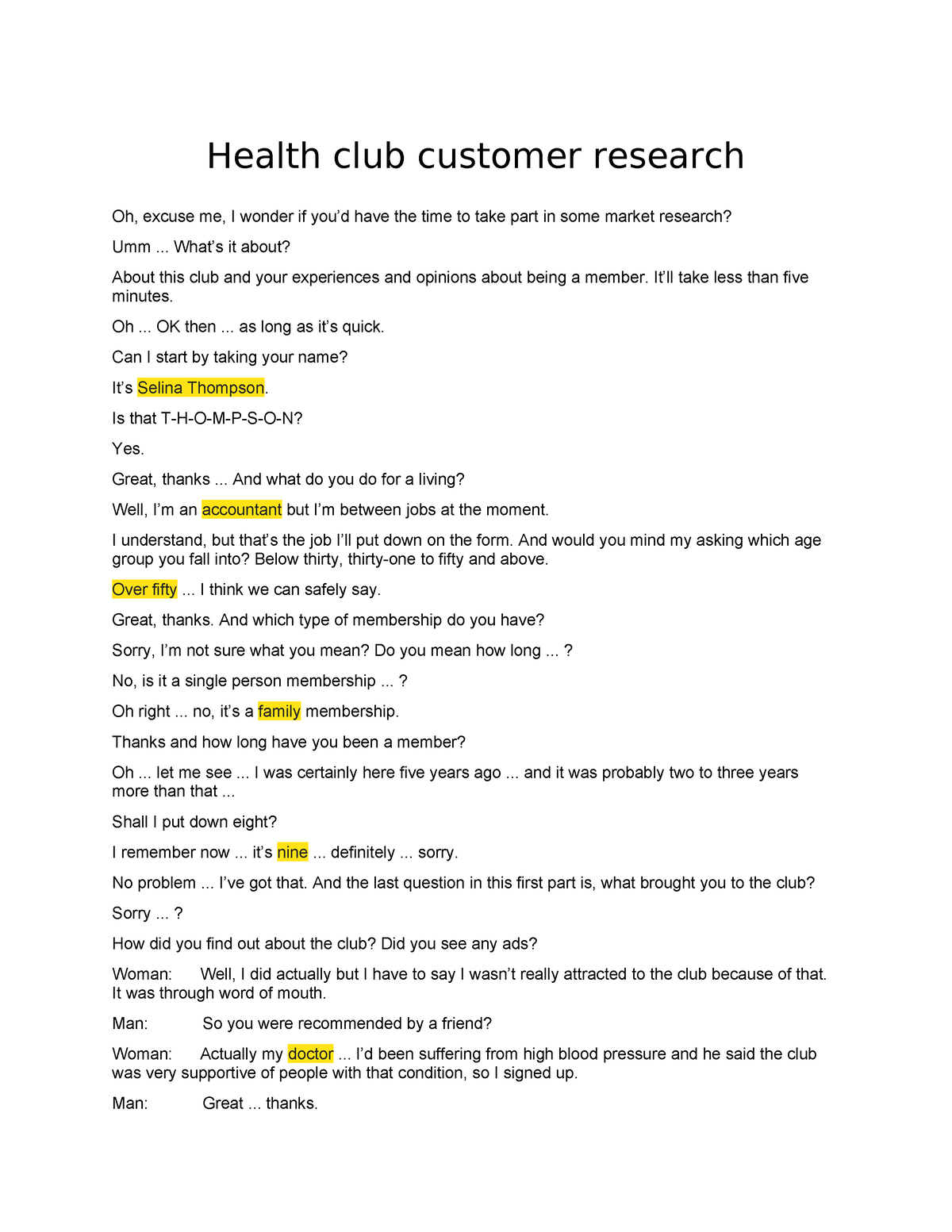 a research on health club customer