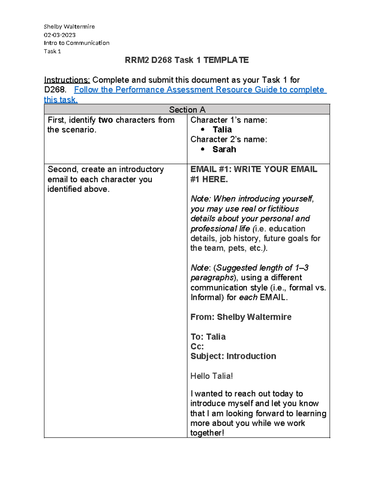 D268 Task 1 Table Template - 02-03- Intro to Communication Task 1 RRM2 ...