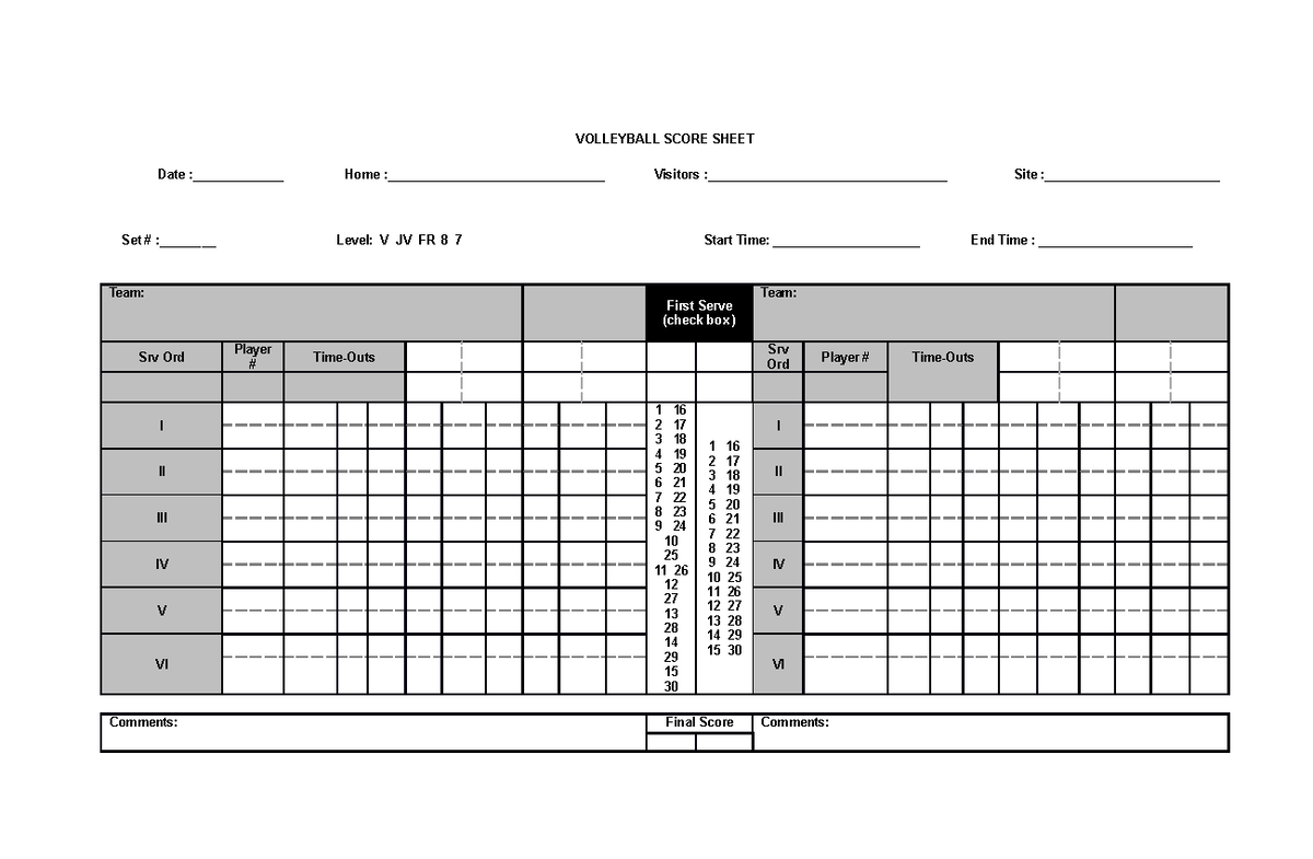 Volleyball Score Sheet VOLLEYBALL SCORE SHEET Date