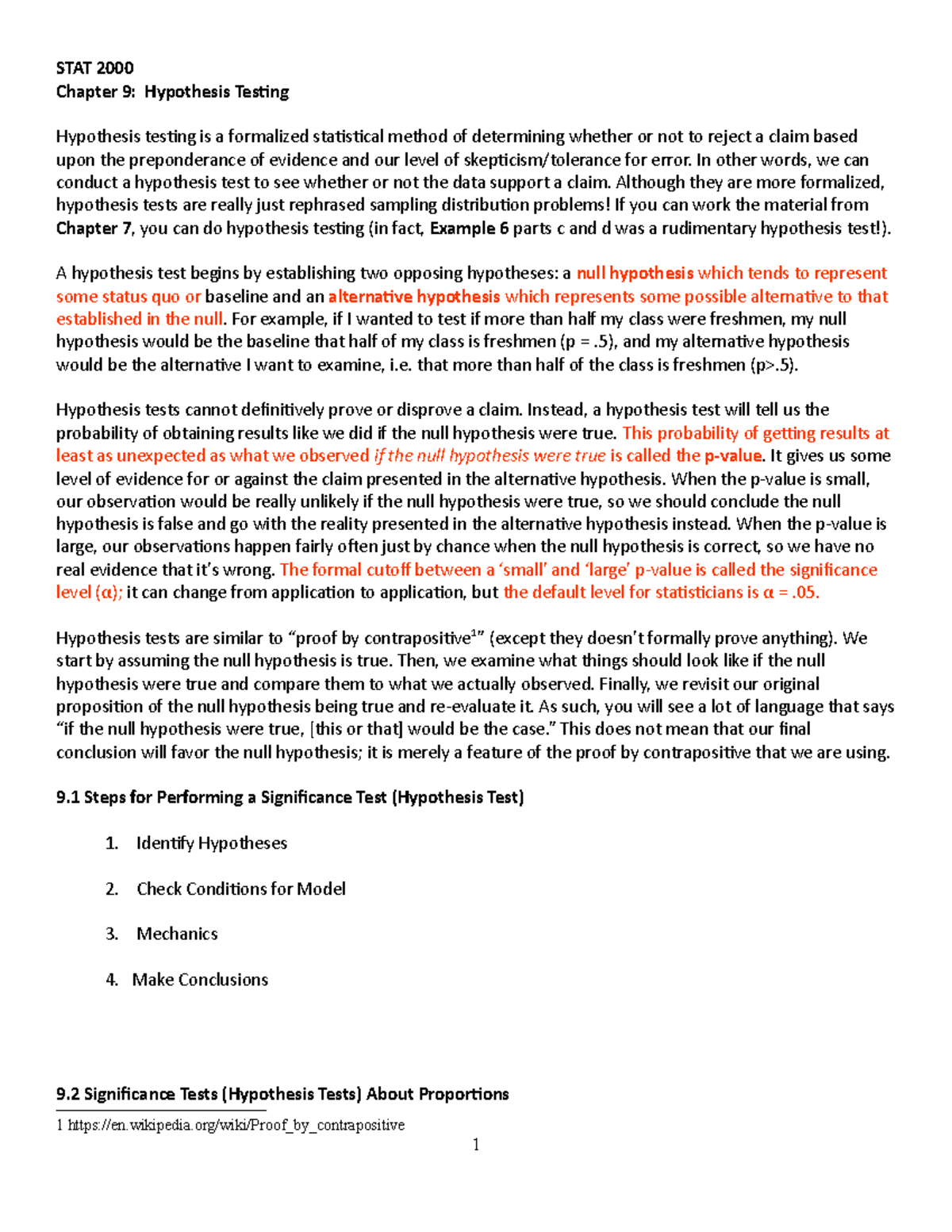 Chapter 9 Hypothesis Tests F18 - STAT 2000 Chapter 9: Hypothesis ...