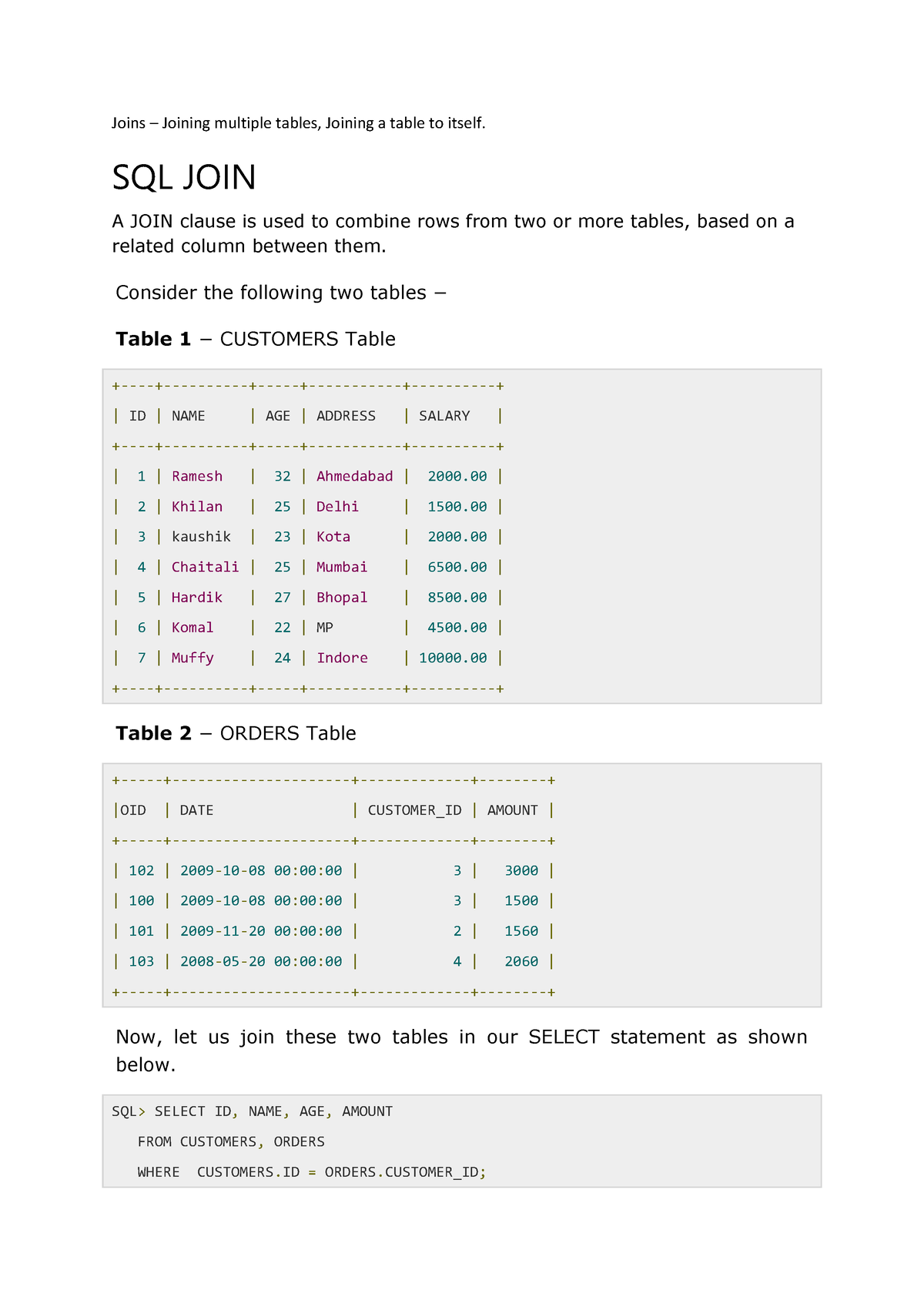 JOIN - Sql - ####### Joins – Joining Multiple Tables, Joining A Table ...