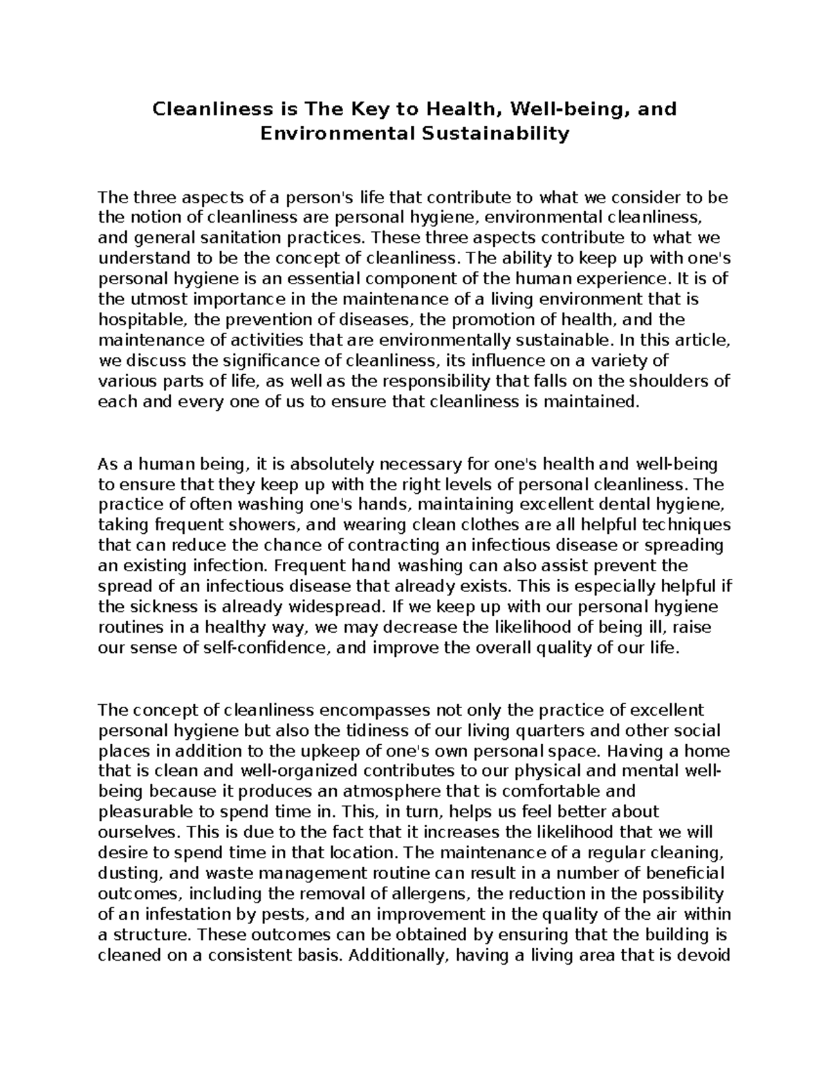 essay on environmental cleanliness