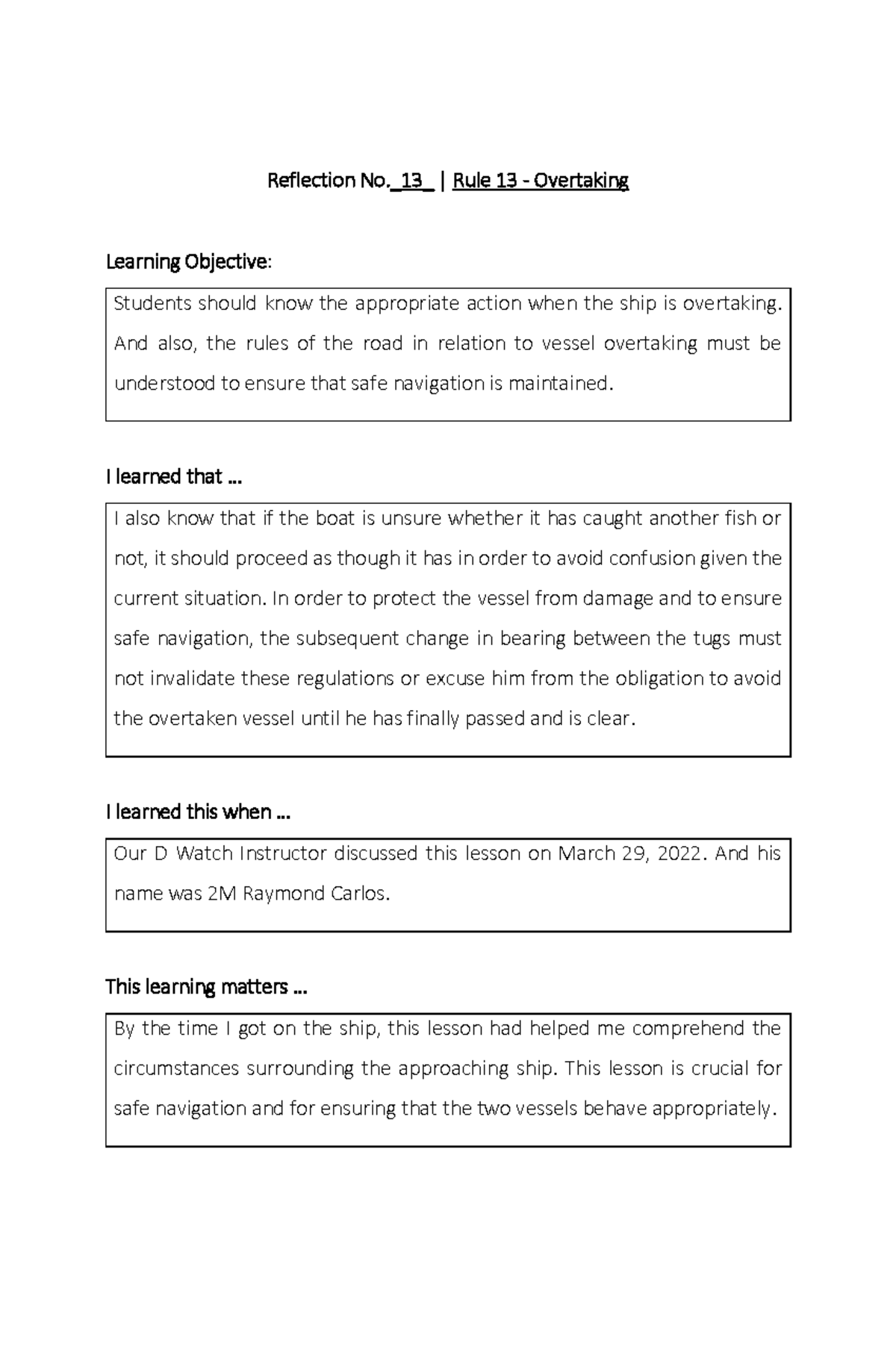 Rule 13 Reflection Reflection No._ 13 _ Rule 13 Overtaking