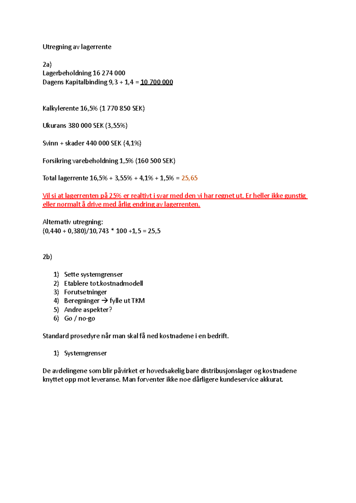 Logistikk - Arbkrav - Utregning Av Lagerrente 2a) Lagerbeholdning 16 ...