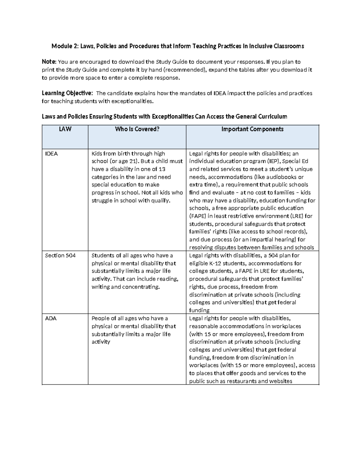 D169 Module Study Guide 2 - Policies that Inform Teaching Practices in ...