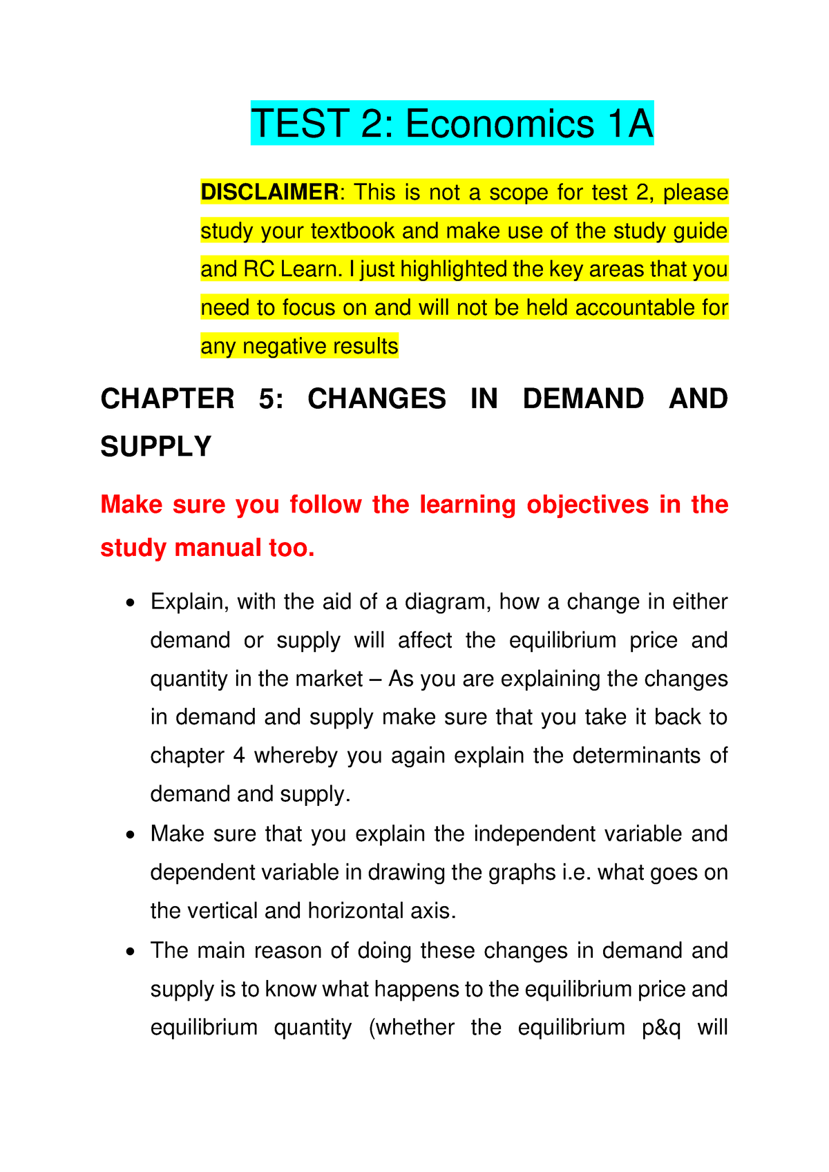 Economics 1A TEST 2 Overview[ 17930 ] - TEST 2: Economics 1A DISCLAIMER ...