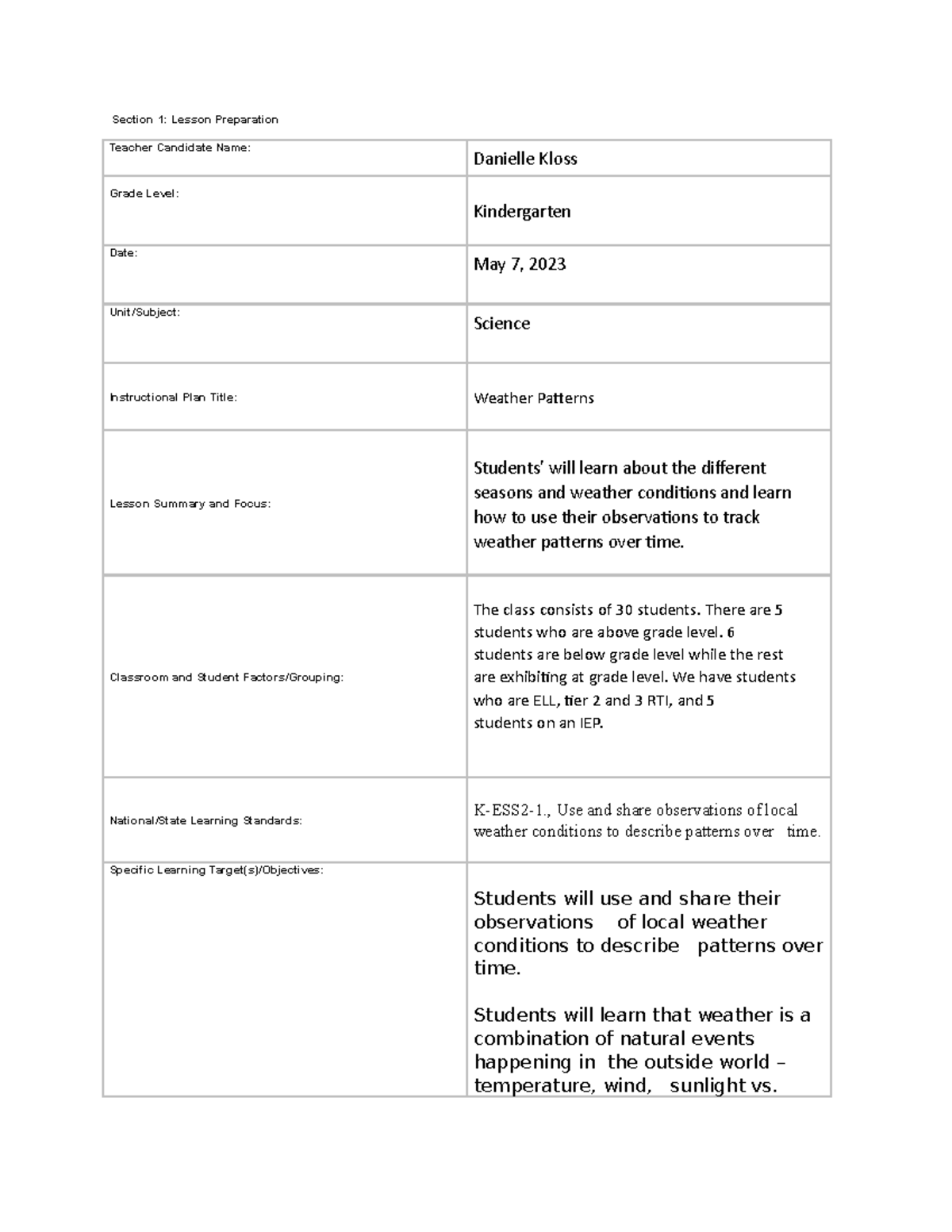 Science Lesson Plan-2 - Section 1: Lesson Preparation Teacher Candidate ...
