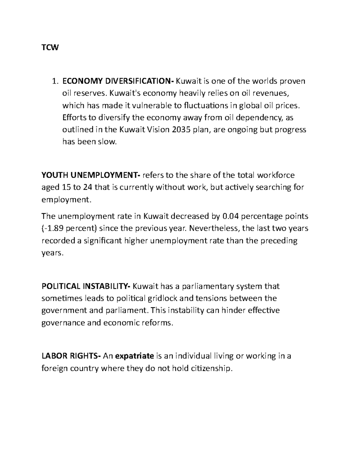 TCW - The contemporary world - TCW ECONOMY DIVERSIFICATION- Kuwait is ...