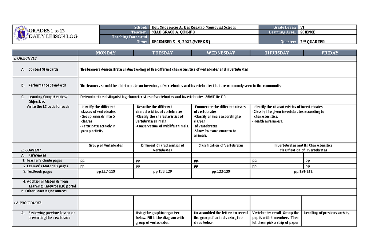 Dll Science 6 Q2 W5 For Research Purposes Only Grades 1 To 12 Daily Lesson Log School Don 0319