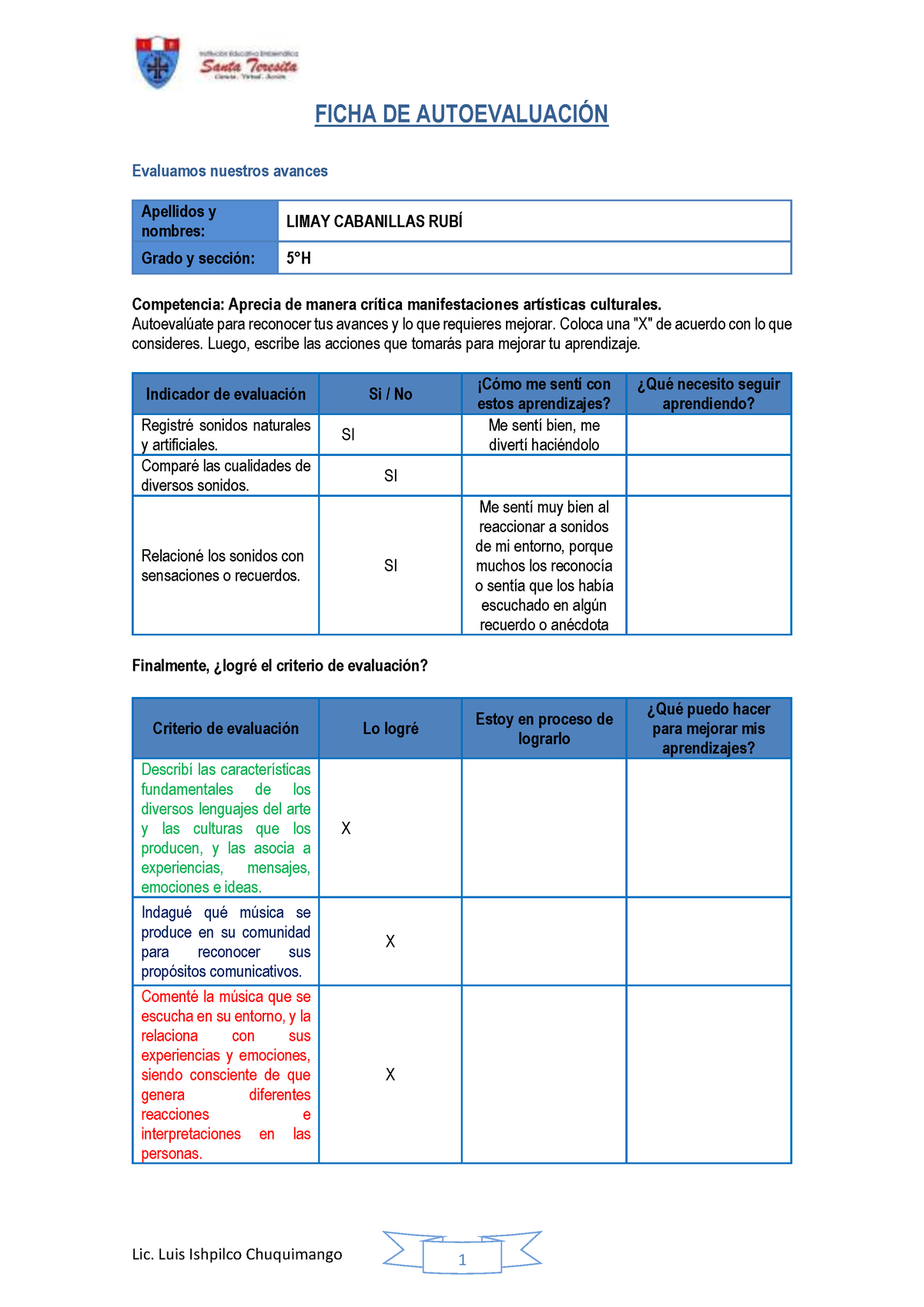 Ficha DE Autoevaluación S1-U3 - Lic. Luis Ishpilco Chuquimango 1 FICHA ...