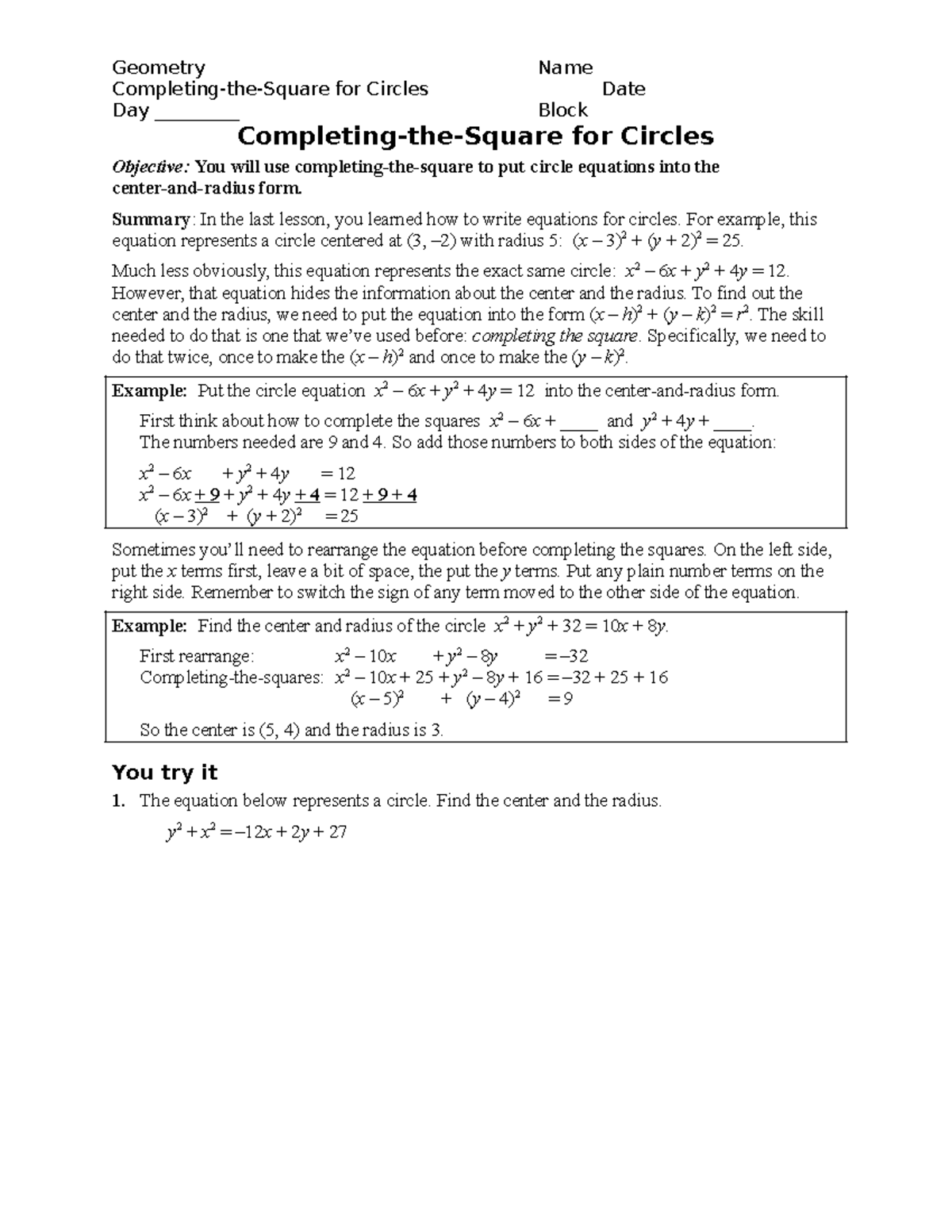 Circles completing the square - Completing-the-Square for Circles Date ...