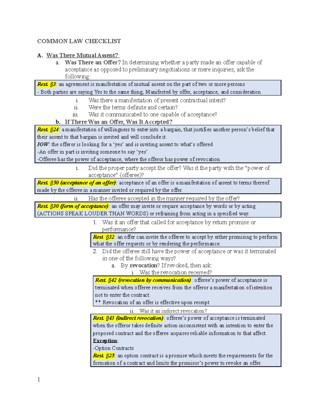 Attack Outlines Contracts 2022 Breen COMMON LAW CHECKLIST A. Was