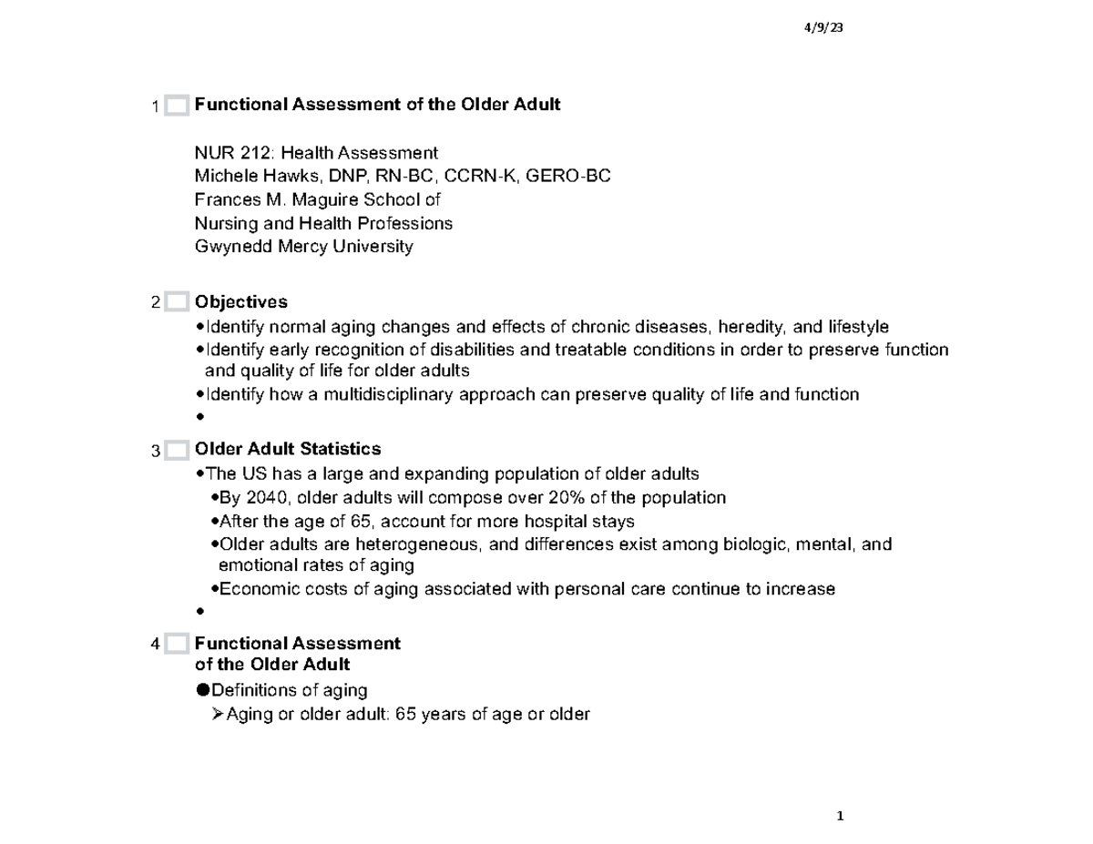 N212 Functional Assessment of the Older Adult - 4/9/ 1 Functional ...