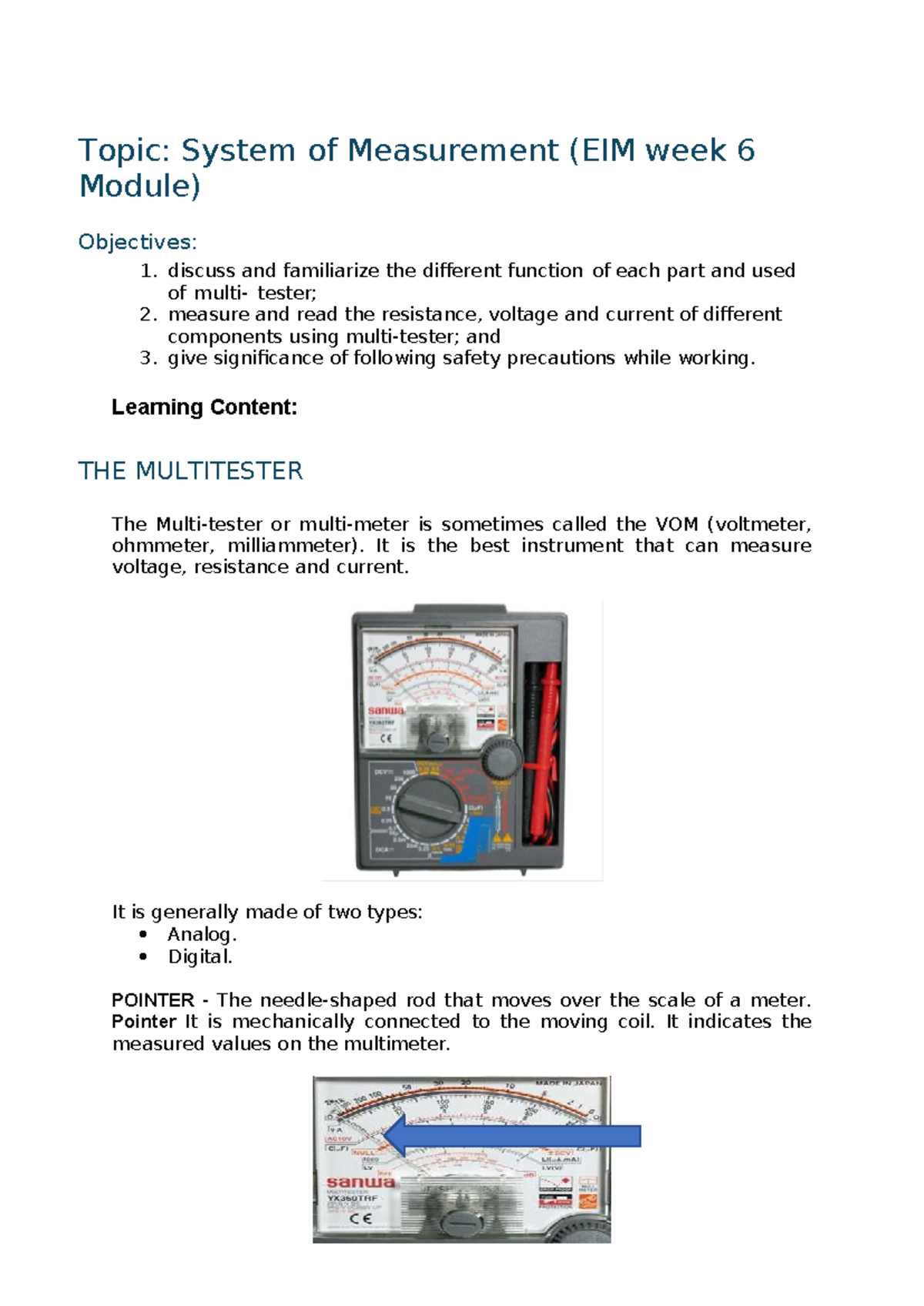 Eim week 6 - module - Topic: System of Measurement (EIM week 6 Module ...