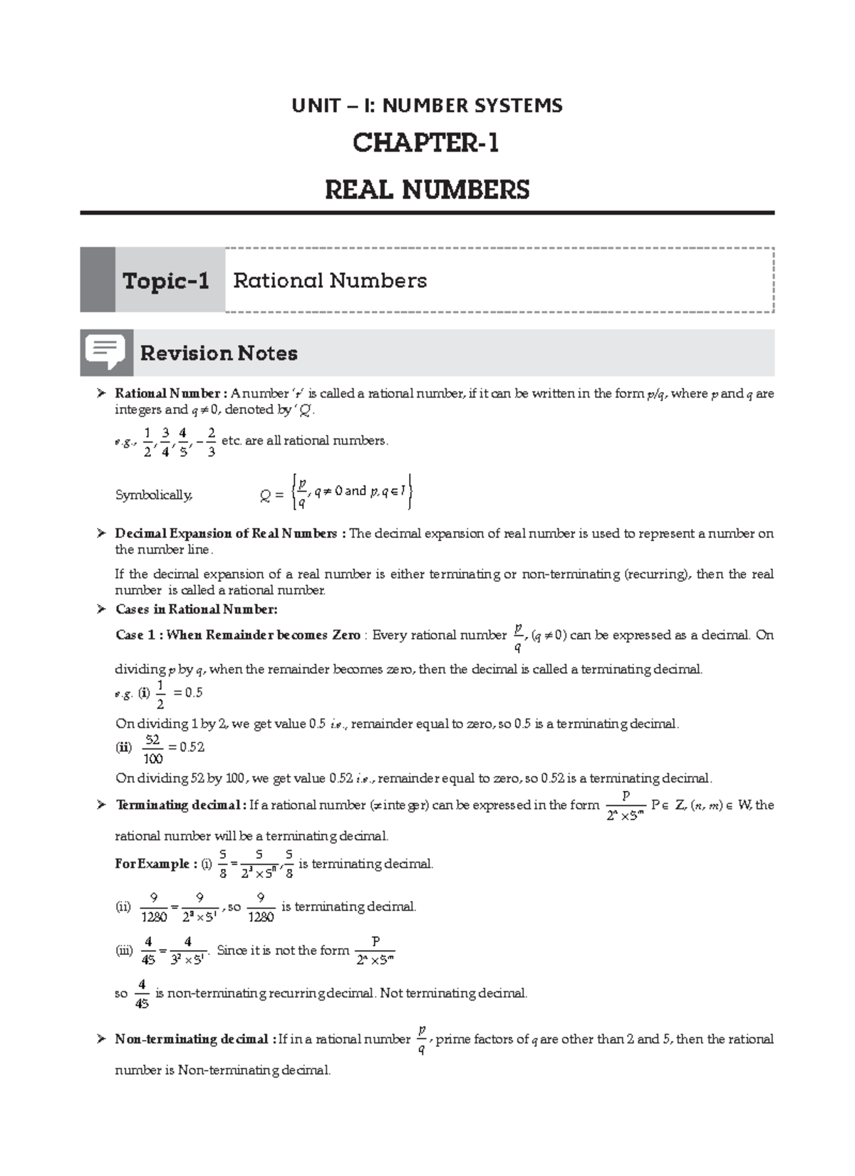 Notes - Class 9 maths - UNIT – I: NUMBER SYSTEMS CHAPTER- REAL NUMBERS ...