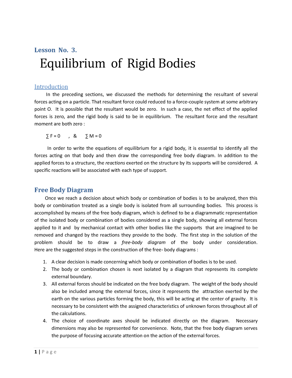 Lesson-No - VERY NICE - Lesson No. 3. Equilibrium of Rigid Bodies ...