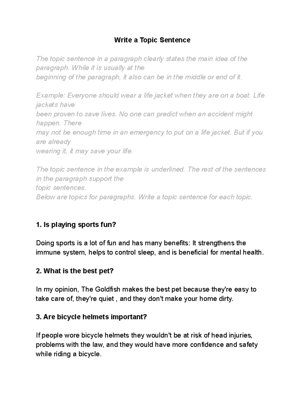 Write a Topic Sentence Juliana Arzayus - Write a Topic Sentence The ...