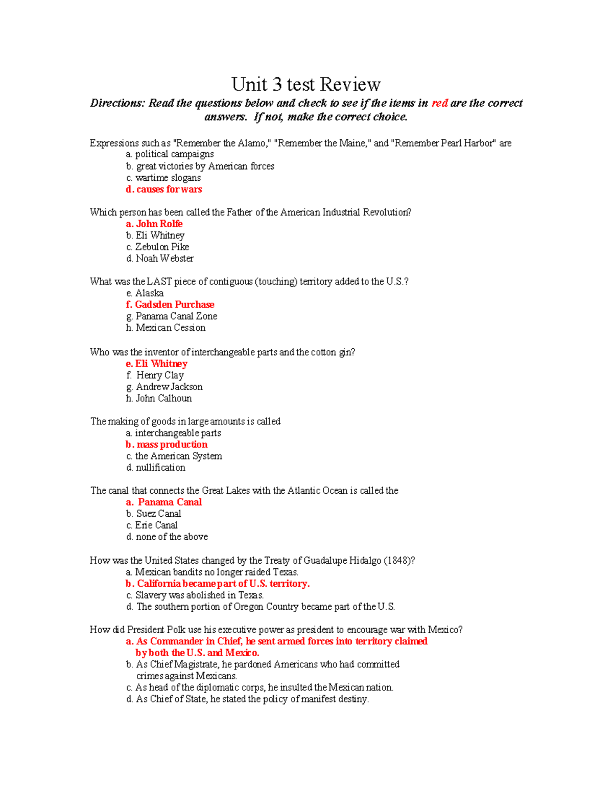 Unit 3 test review aaa Unit 3 test Review Directions Read the