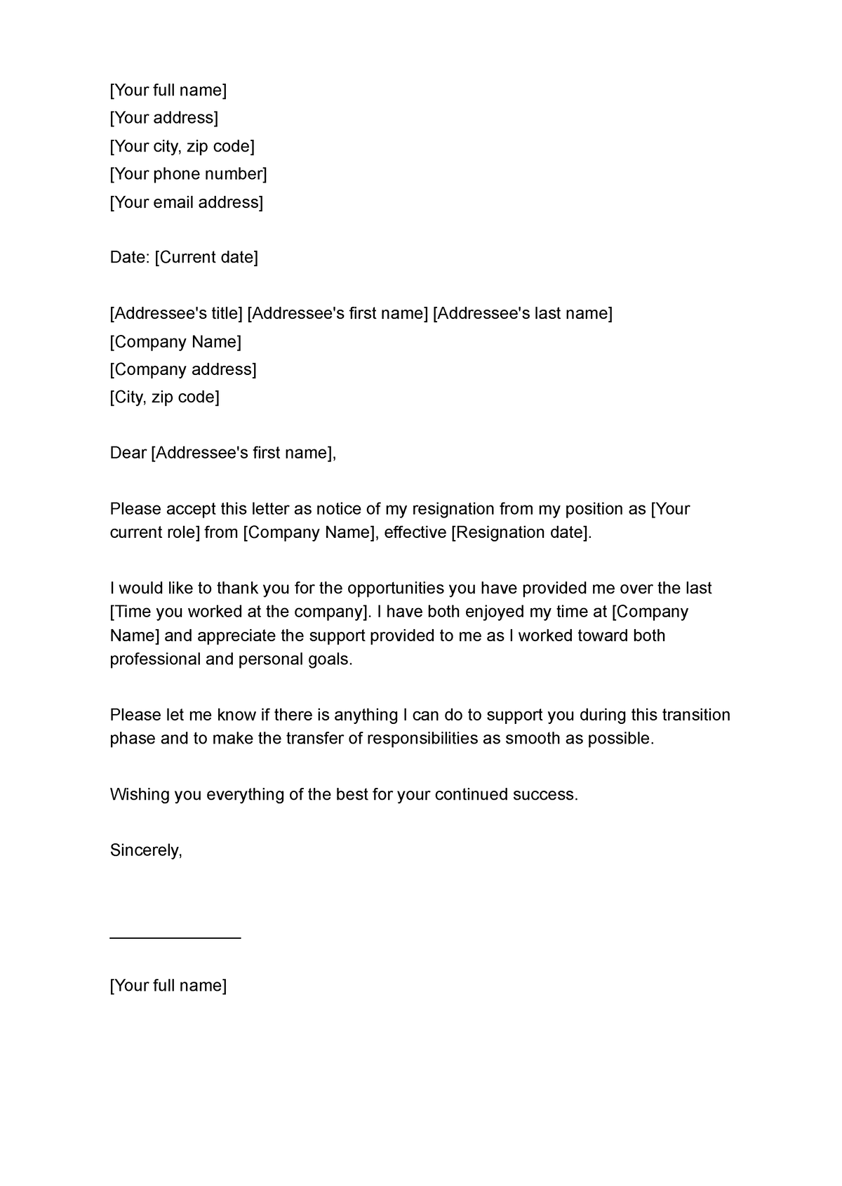 Simple Resignation Letter Template - [Your full name] [Your address ...