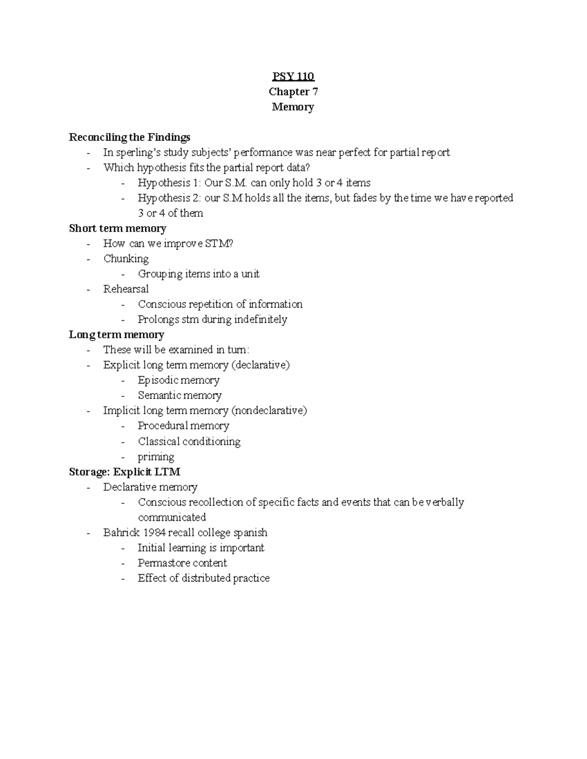 PSY 110 Chapter 7.3 notes - PSY 110 Chapter 7 Memory Reconciling the ...