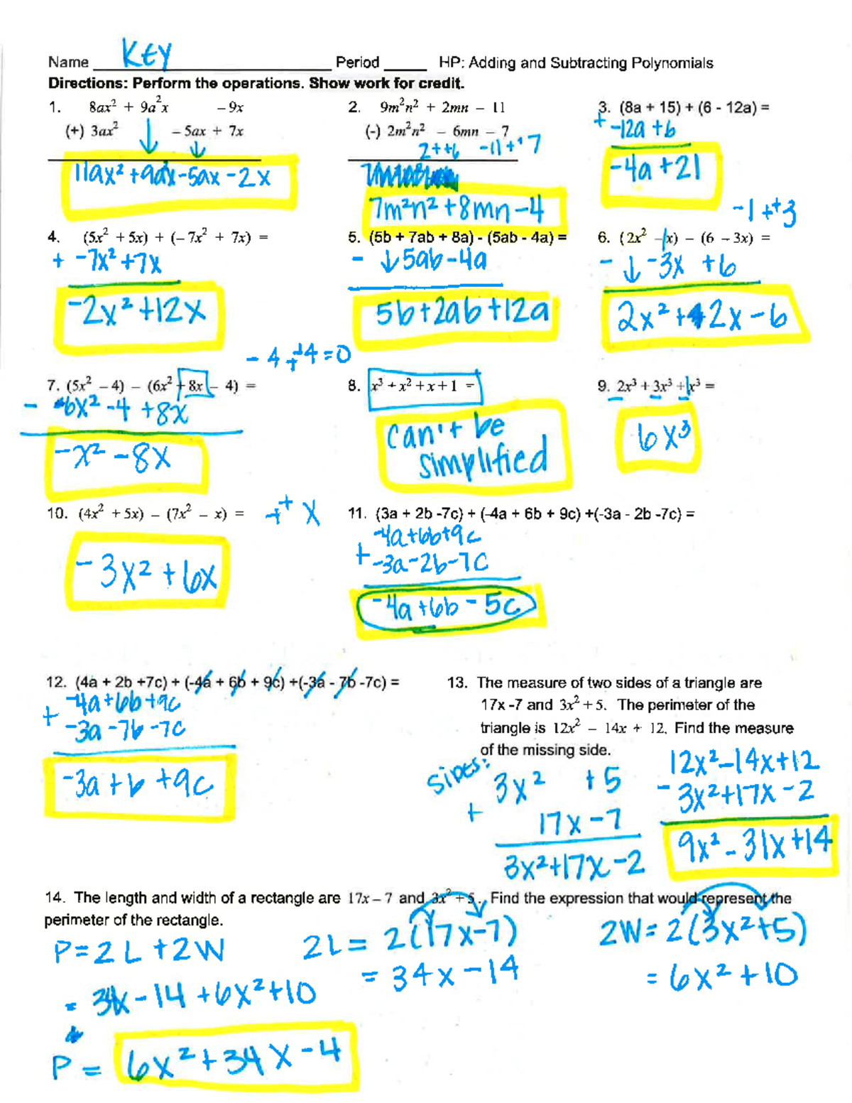 HP Adding and Subtracting Polynomials Key - Studocu