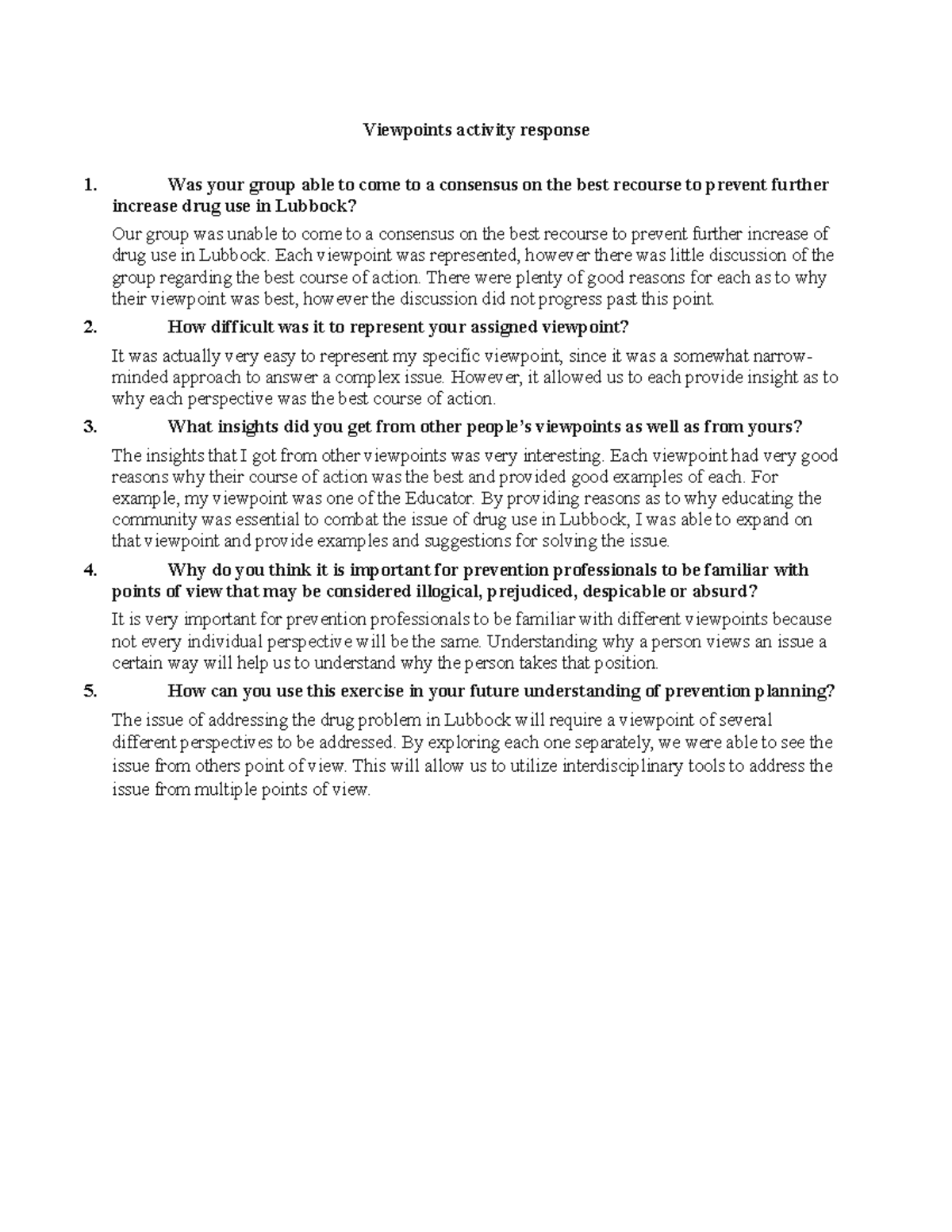 TTU ADRS 3327 Viewpoints Activity Response - Viewpoints Activity ...