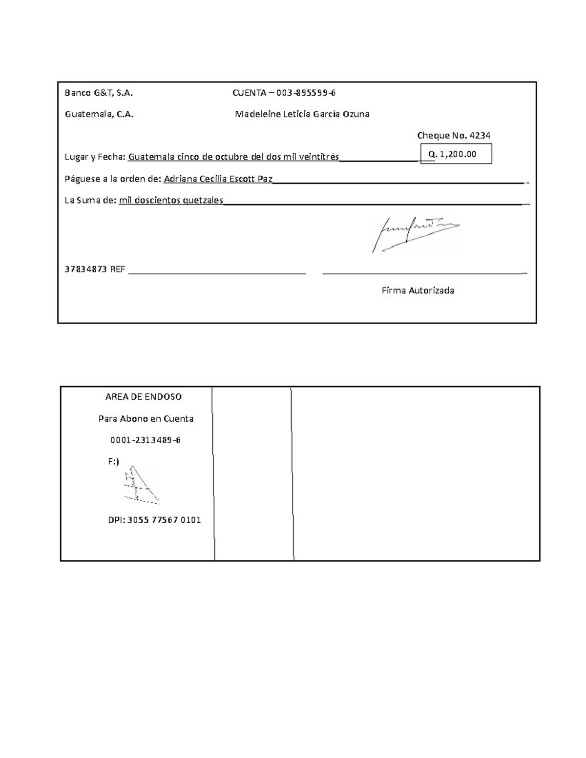 Cheques Viajero Banco G&T, S. CUENTA 003895599 Guatemala, C