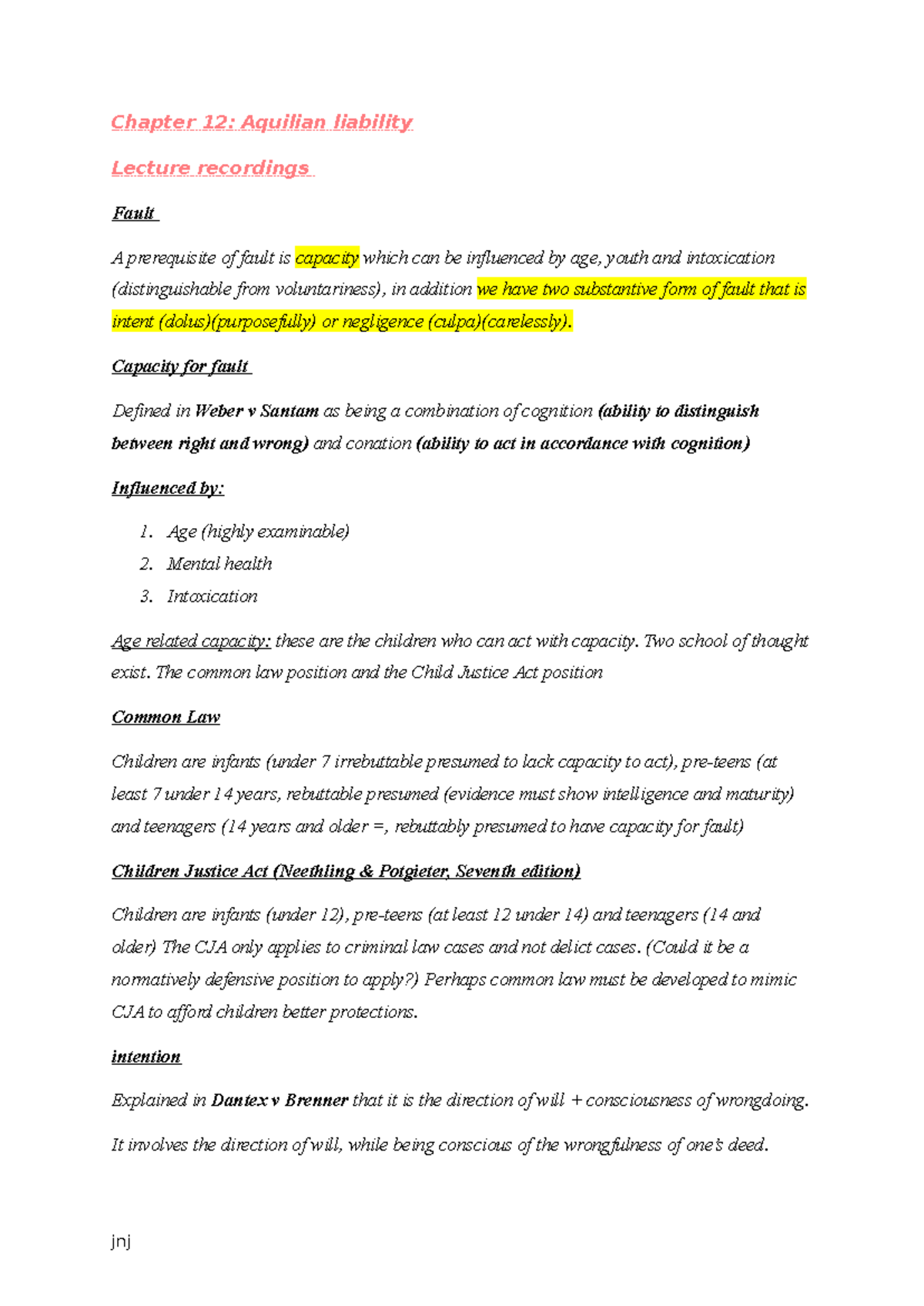 Delict semester 2 notes - Chapter 12: Aquilian liability Lecture ...