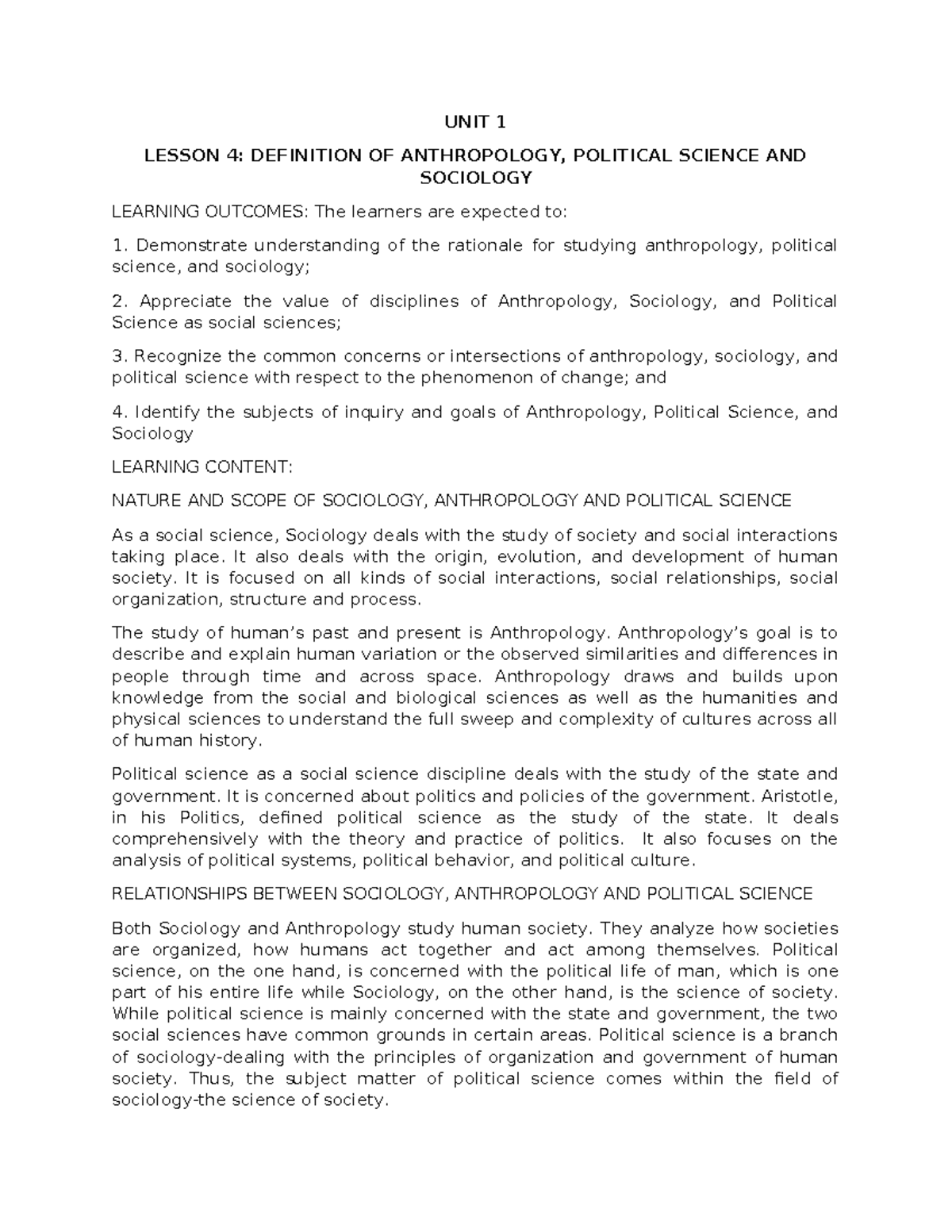 D. UCSP UNIT 1, Lesson 4 Definition OF Anthropology, Political Science ...