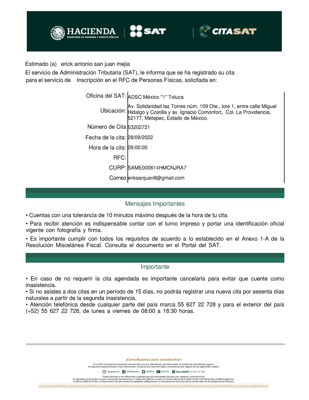 Acuse Cita Inscripción En El Rfc De Personas Físicas Solicitada En Estimado A El Servicio 0530