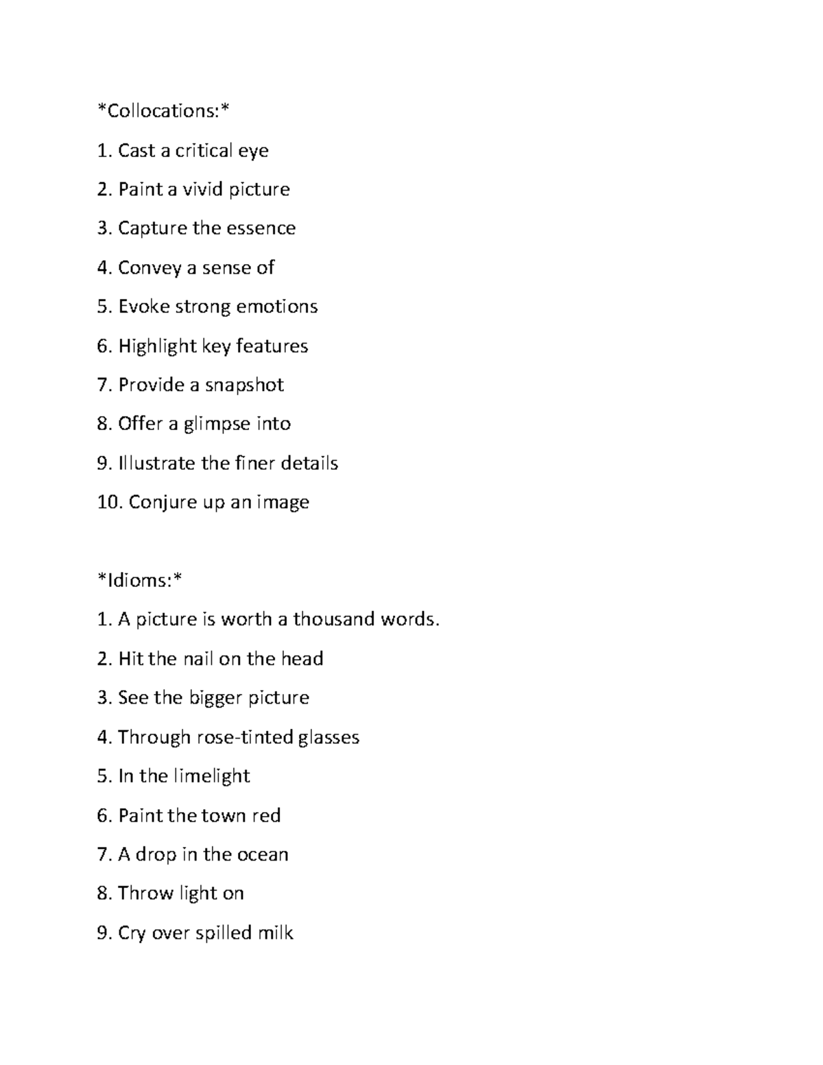 Collocations Cambridge CPE - Collocations: Cast a critical eye Paint a ...