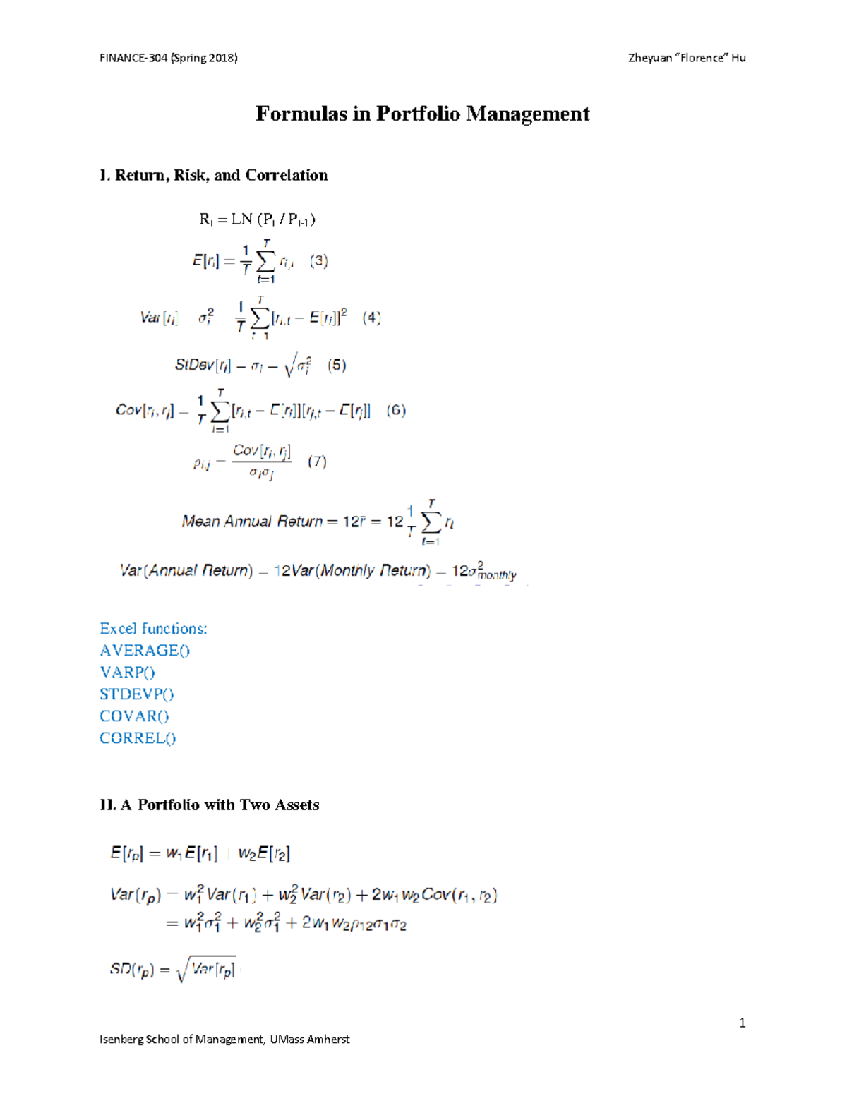 Formulas in Portfolio Management - Return, Risk, and Correlation Rt ...